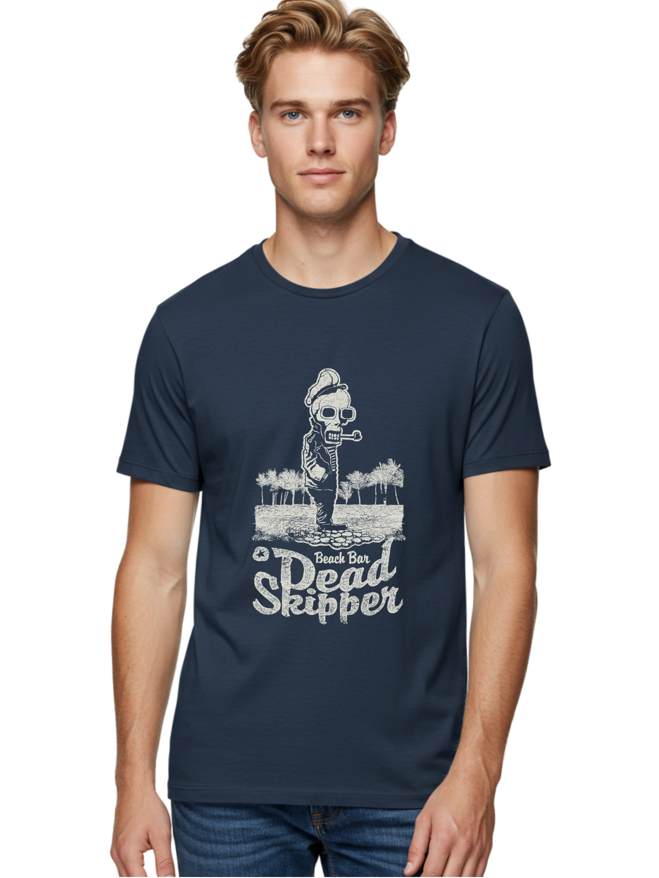 Dead Skipper Skull Men'S Graphic Tee, 100% Cotton, Comfortable Casual Summer Wear, Machine Washable, Skeleton Playing Guitar, Beach Bar Vibes, Tropical Setting, Palm Trees, Rock On, Summer Fun, Coastal Entertainment, Relaxed Atmosphere Aae228 25
