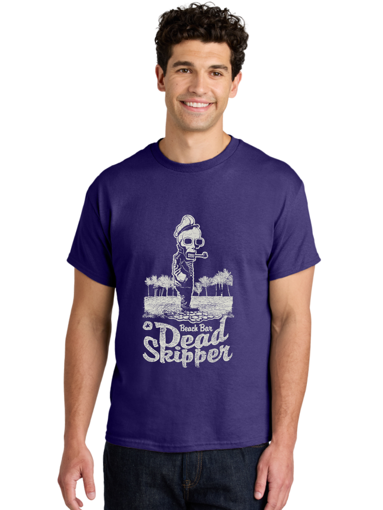 Dead Skipper Skull Men'S Graphic Tee, 100% Cotton, Comfortable Casual Summer Wear, Machine Washable, Skeleton Playing Guitar, Beach Bar Vibes, Tropical Setting, Palm Trees, Rock On, Summer Fun, Coastal Entertainment, Relaxed Atmosphere Aae228 19