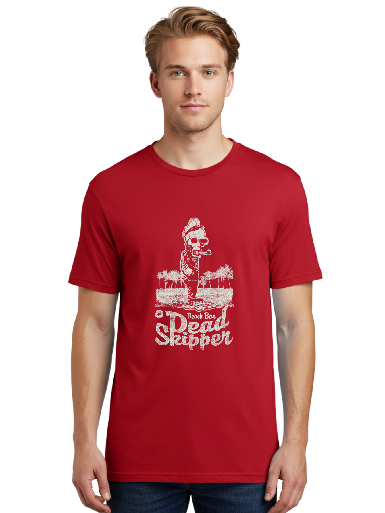 Dead Skipper Skull Men'S Graphic Tee, 100% Cotton, Comfortable Casual Summer Wear, Machine Washable, Skeleton Playing Guitar, Beach Bar Vibes, Tropical Setting, Palm Trees, Rock On, Summer Fun, Coastal Entertainment, Relaxed Atmosphere Aae228 26