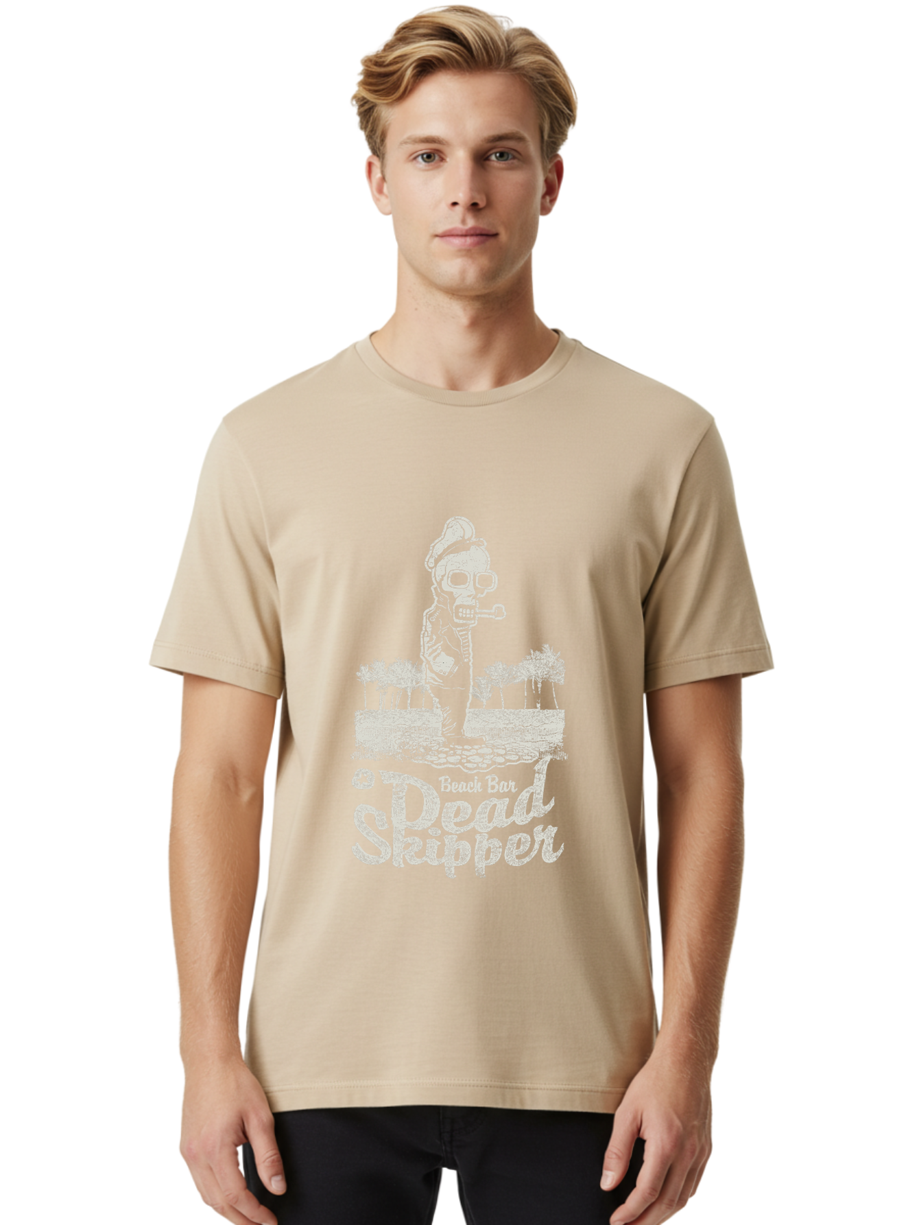 Dead Skipper Skull Men'S Graphic Tee, 100% Cotton, Comfortable Casual Summer Wear, Machine Washable, Skeleton Playing Guitar, Beach Bar Vibes, Tropical Setting, Palm Trees, Rock On, Summer Fun, Coastal Entertainment, Relaxed Atmosphere Aae228 17