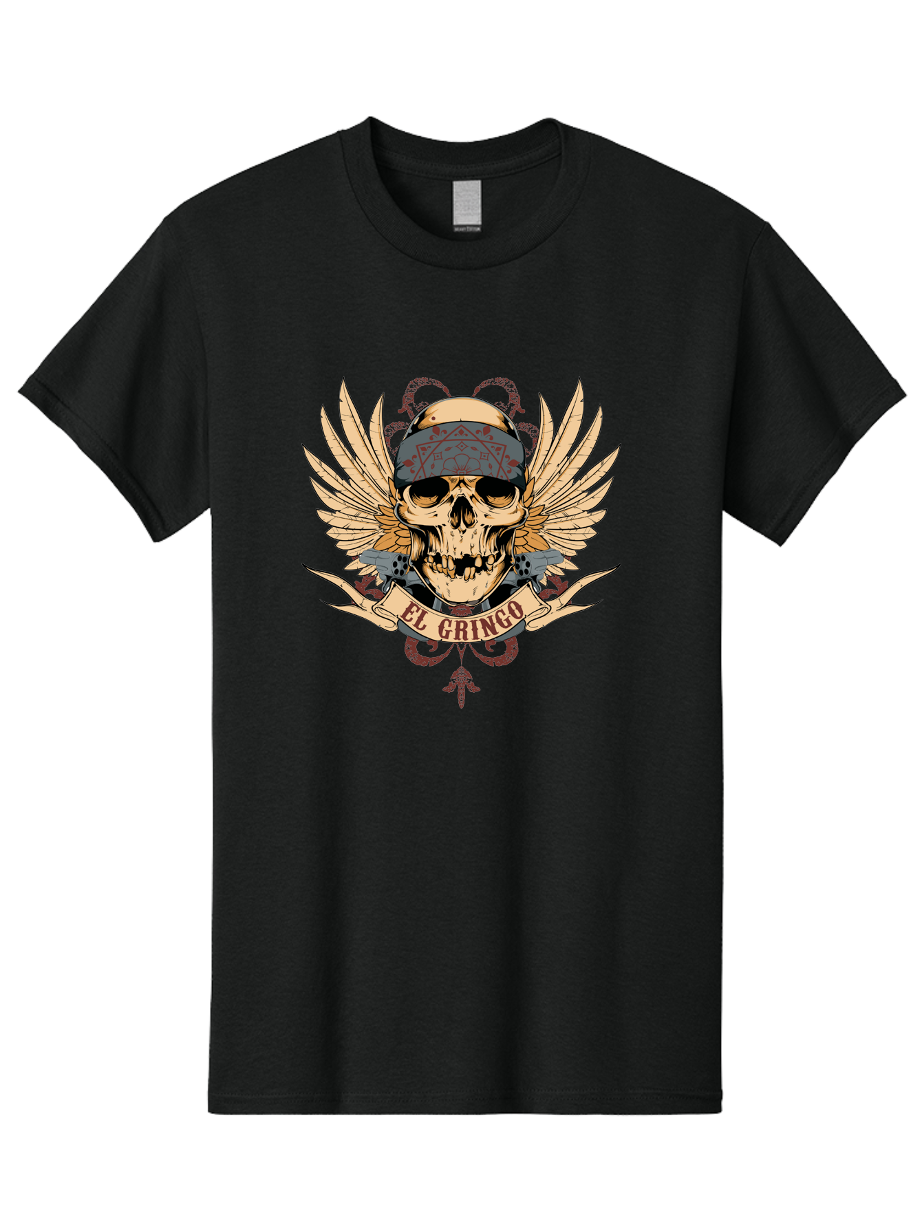 El Gringo Skull Men'S Graphic Tee, 100% Cotton, Comfortable Casual Summer Wear, Machine Washable, Tattoo Art, Skull Design, Wings And Snakes, Edgy Style, Grunge Aesthetic, Rebellious Symbol, Bold Graphics, El Gringo Branding Aae256 25