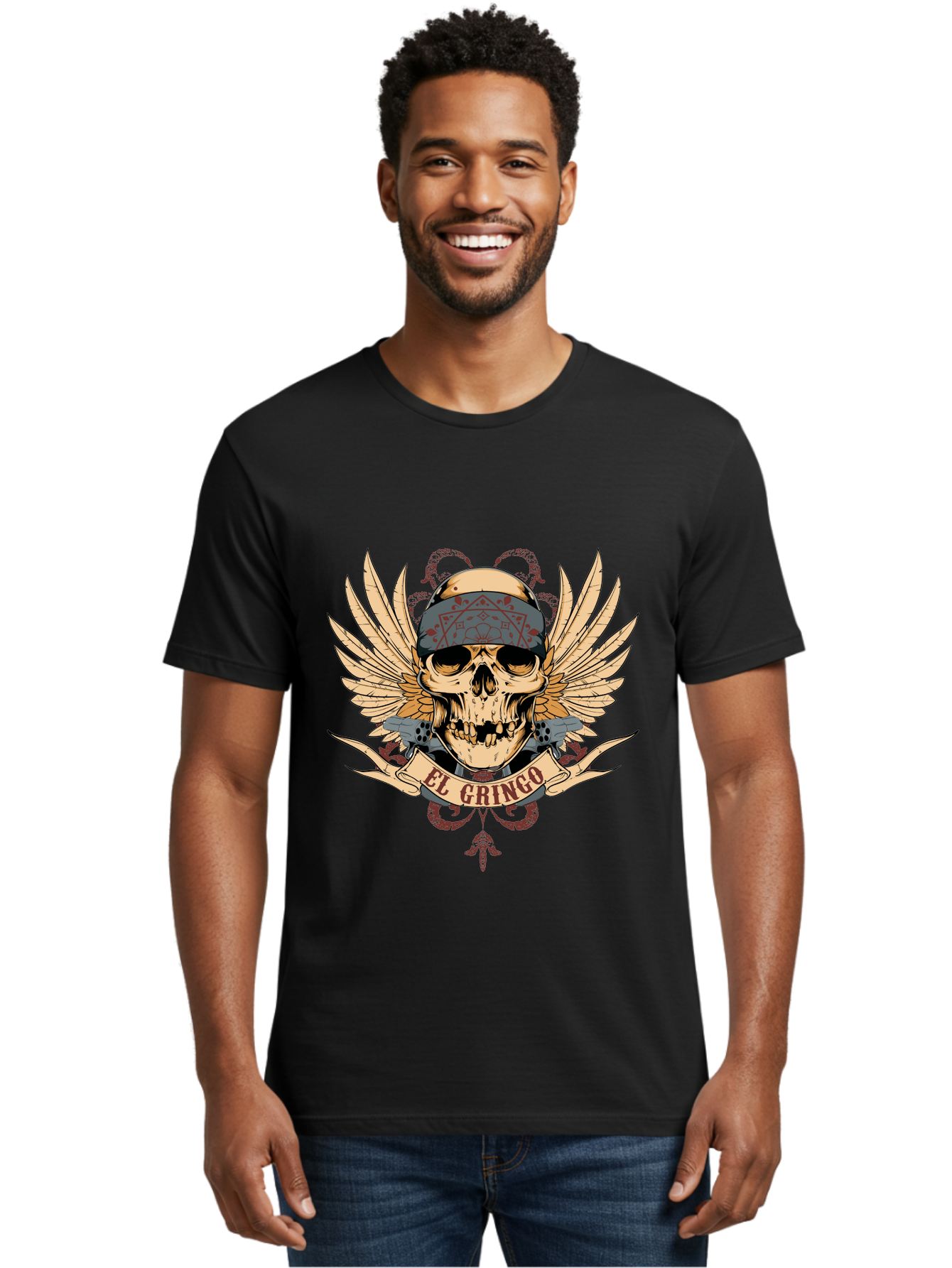 El Gringo Skull Men'S Graphic Tee, 100% Cotton, Comfortable Casual Summer Wear, Machine Washable, Tattoo Art, Skull Design, Wings And Snakes, Edgy Style, Grunge Aesthetic, Rebellious Symbol, Bold Graphics, El Gringo Branding Aae256 26