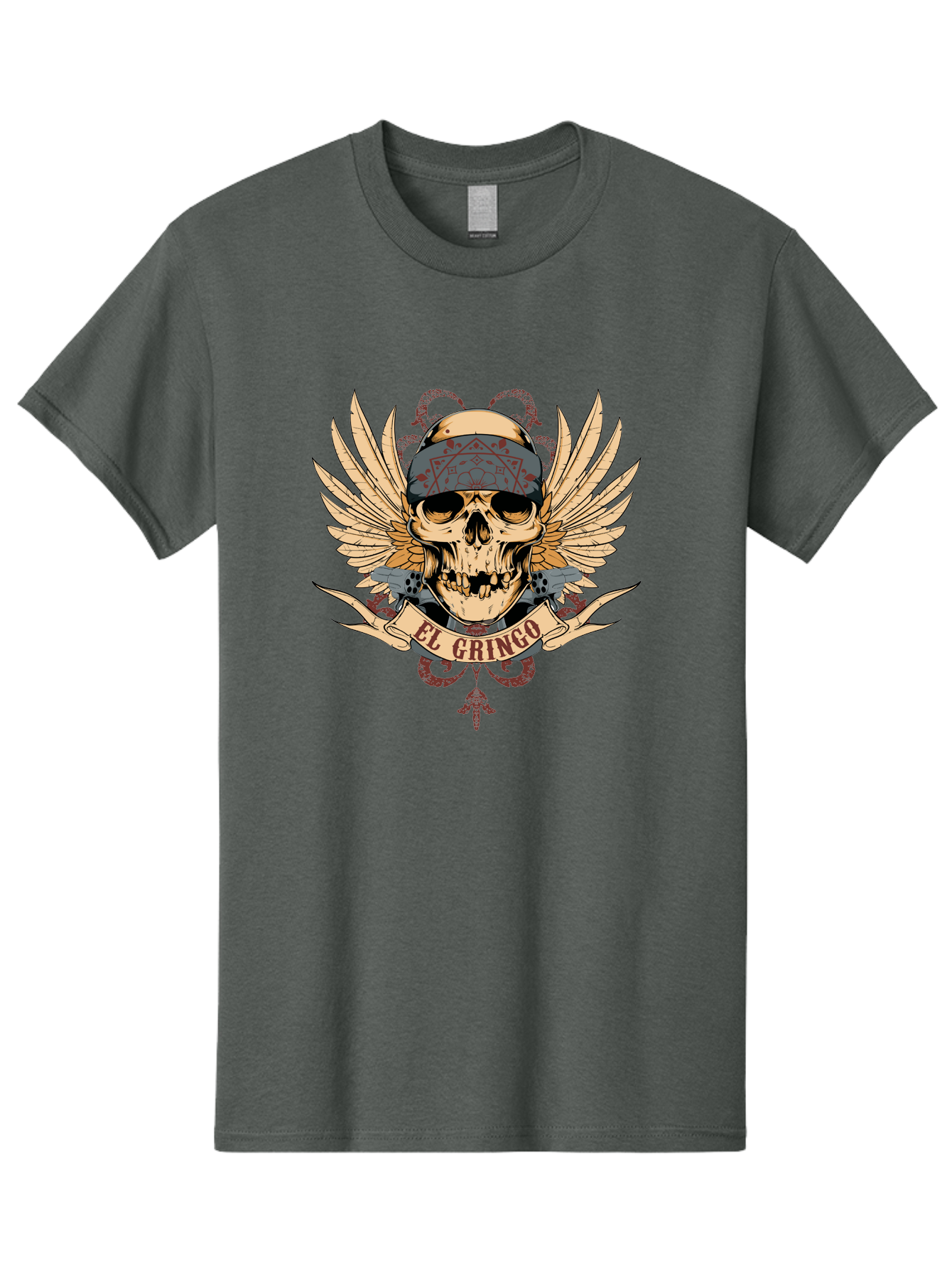El Gringo Skull Men'S Graphic Tee, 100% Cotton, Comfortable Casual Summer Wear, Machine Washable, Tattoo Art, Skull Design, Wings And Snakes, Edgy Style, Grunge Aesthetic, Rebellious Symbol, Bold Graphics, El Gringo Branding Aae256 17