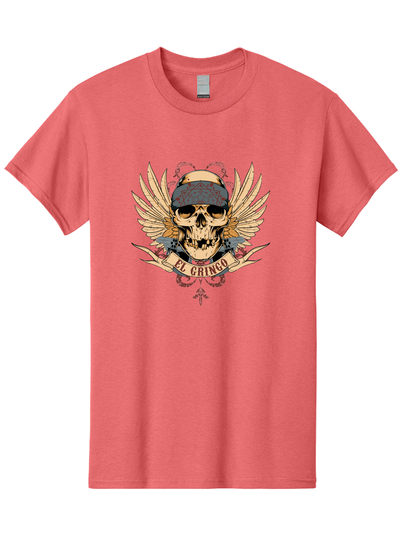 El Gringo Skull Men'S Graphic Tee, 100% Cotton, Comfortable Casual Summer Wear, Machine Washable, Tattoo Art, Skull Design, Wings And Snakes, Edgy Style, Grunge Aesthetic, Rebellious Symbol, Bold Graphics, El Gringo Branding Aae256 23