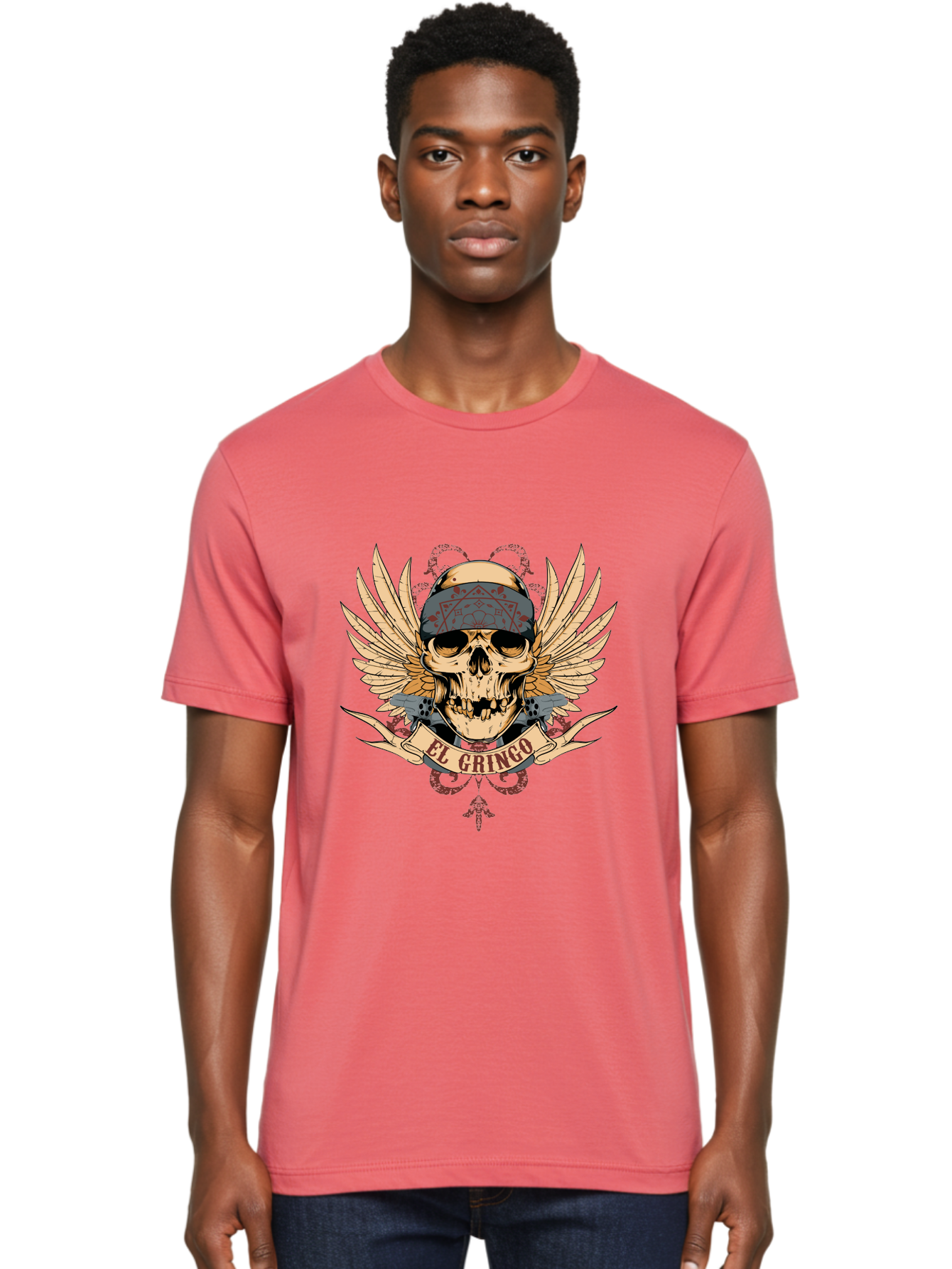El Gringo Skull Men'S Graphic Tee, 100% Cotton, Comfortable Casual Summer Wear, Machine Washable, Tattoo Art, Skull Design, Wings And Snakes, Edgy Style, Grunge Aesthetic, Rebellious Symbol, Bold Graphics, El Gringo Branding Aae256 24