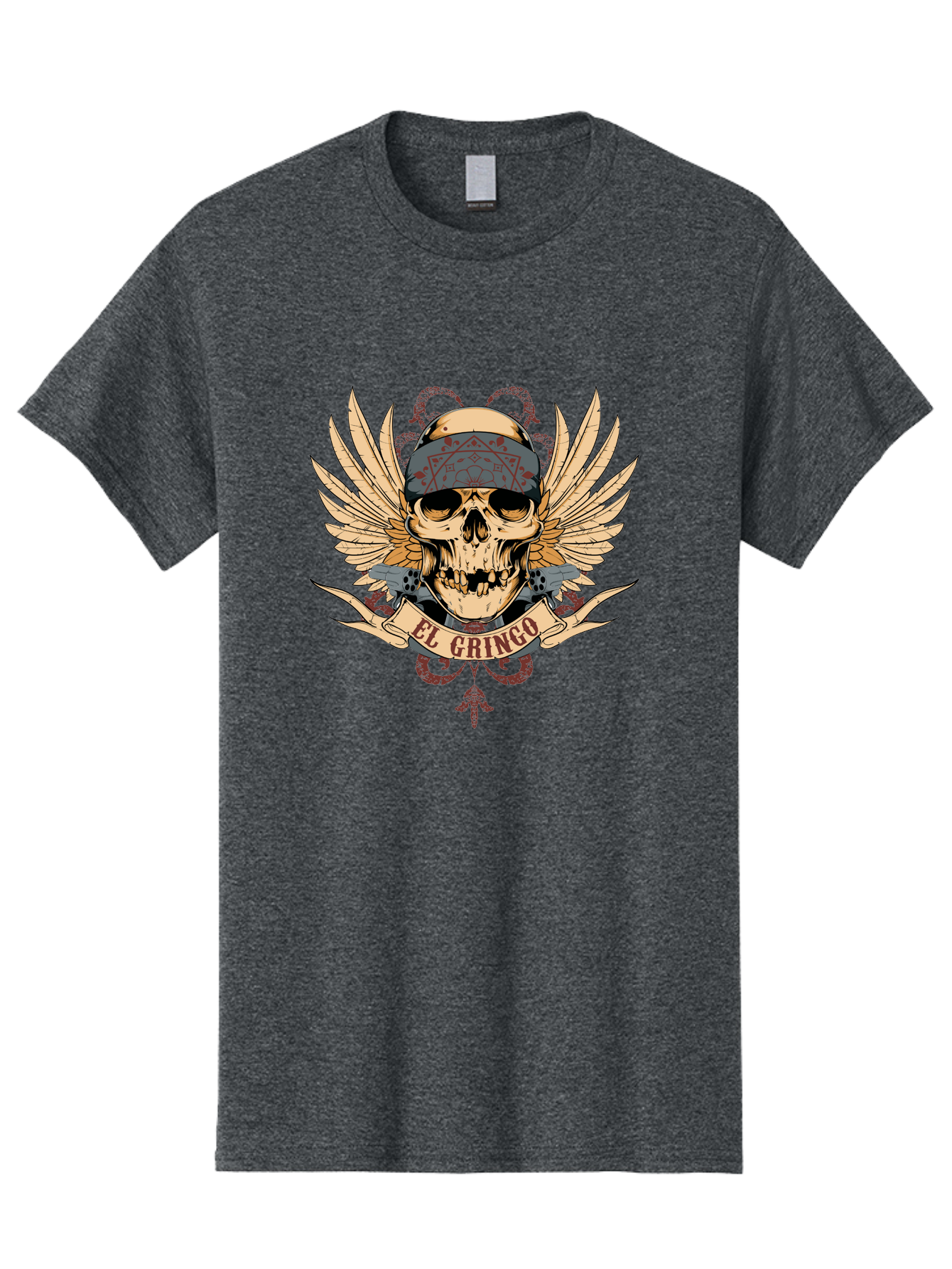 El Gringo Skull Men'S Graphic Tee, 100% Cotton, Comfortable Casual Summer Wear, Machine Washable, Tattoo Art, Skull Design, Wings And Snakes, Edgy Style, Grunge Aesthetic, Rebellious Symbol, Bold Graphics, El Gringo Branding Aae256 5