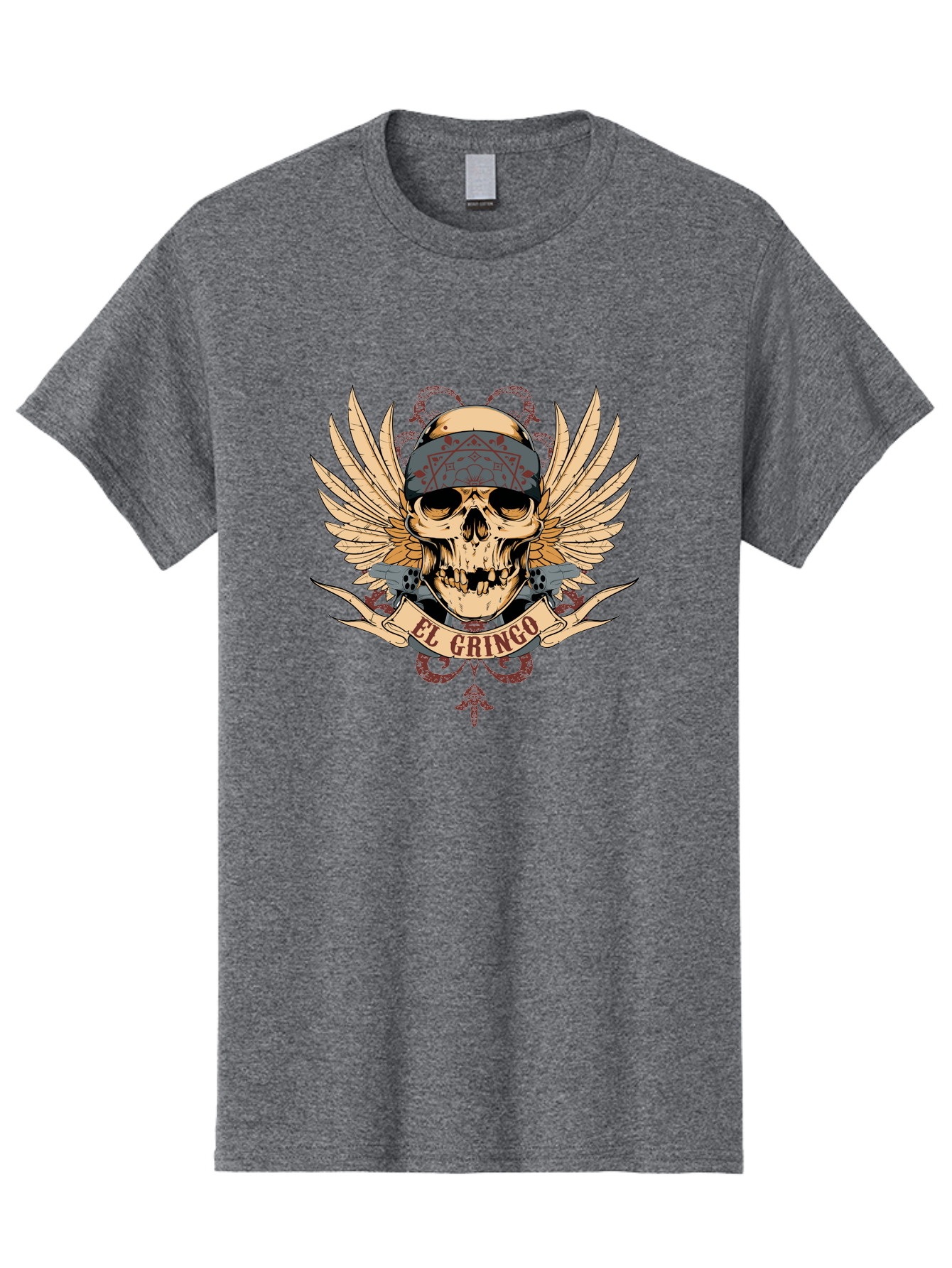 El Gringo Skull Men'S Graphic Tee, 100% Cotton, Comfortable Casual Summer Wear, Machine Washable, Tattoo Art, Skull Design, Wings And Snakes, Edgy Style, Grunge Aesthetic, Rebellious Symbol, Bold Graphics, El Gringo Branding Aae256 19