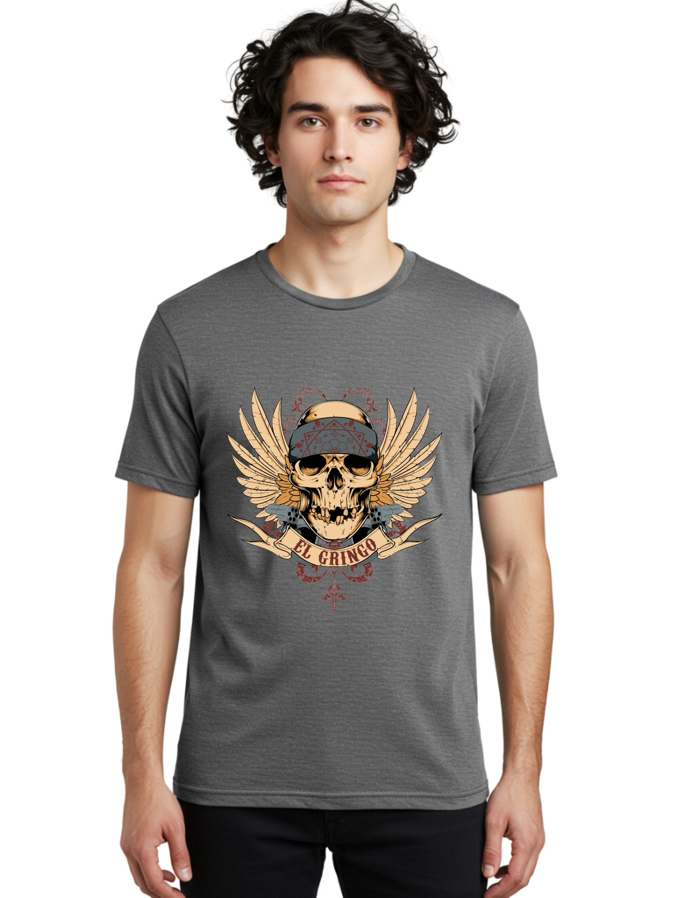El Gringo Skull Men'S Graphic Tee, 100% Cotton, Comfortable Casual Summer Wear, Machine Washable, Tattoo Art, Skull Design, Wings And Snakes, Edgy Style, Grunge Aesthetic, Rebellious Symbol, Bold Graphics, El Gringo Branding Aae256 20