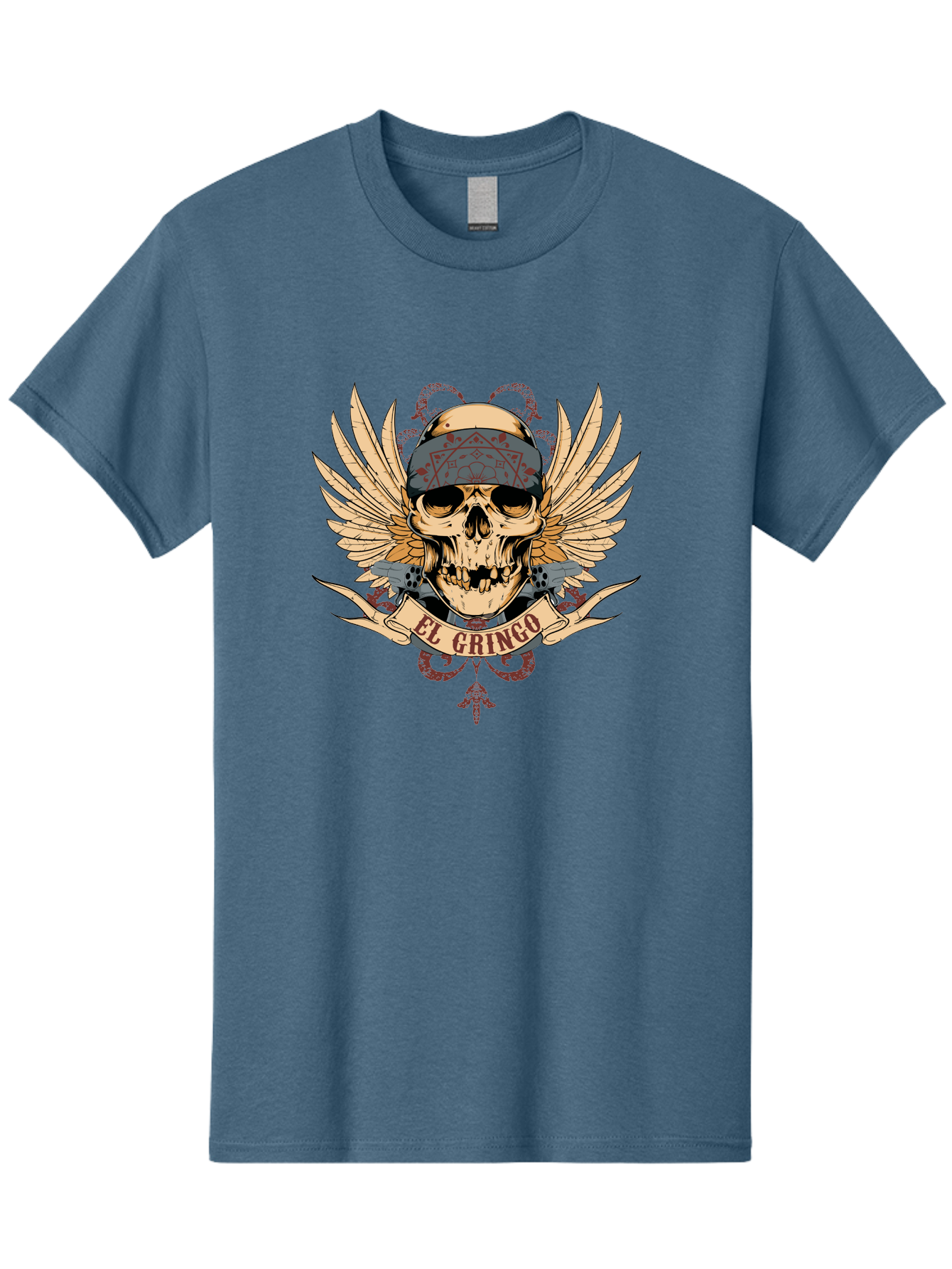 El Gringo Skull Men'S Graphic Tee, 100% Cotton, Comfortable Casual Summer Wear, Machine Washable, Tattoo Art, Skull Design, Wings And Snakes, Edgy Style, Grunge Aesthetic, Rebellious Symbol, Bold Graphics, El Gringo Branding Aae256 27