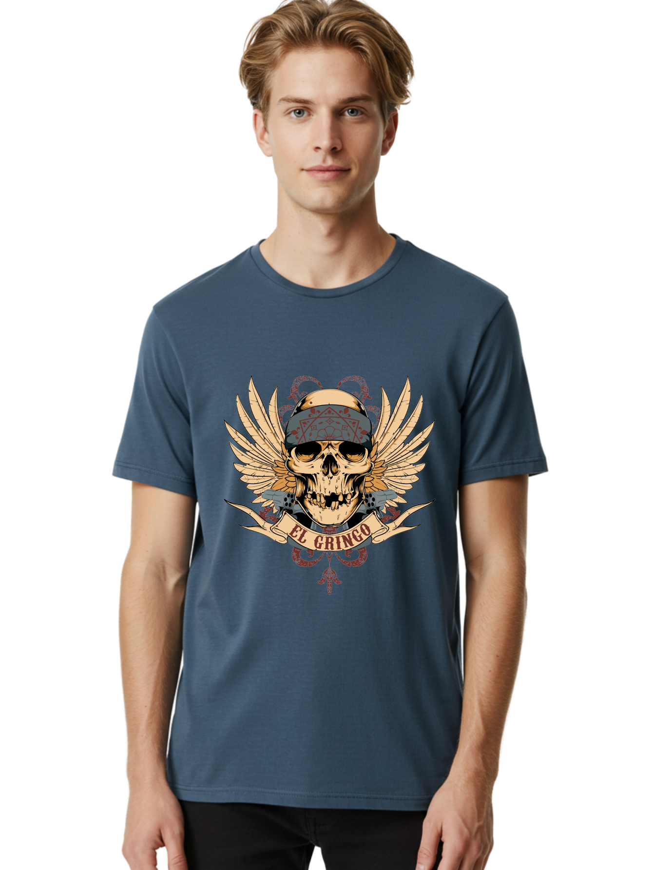 El Gringo Skull Men'S Graphic Tee, 100% Cotton, Comfortable Casual Summer Wear, Machine Washable, Tattoo Art, Skull Design, Wings And Snakes, Edgy Style, Grunge Aesthetic, Rebellious Symbol, Bold Graphics, El Gringo Branding Aae256 28