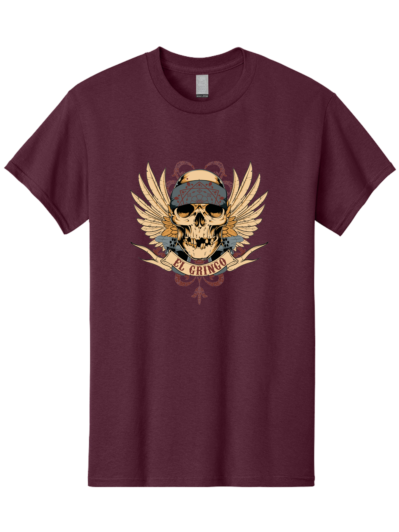 El Gringo Skull Men'S Graphic Tee, 100% Cotton, Comfortable Casual Summer Wear, Machine Washable, Tattoo Art, Skull Design, Wings And Snakes, Edgy Style, Grunge Aesthetic, Rebellious Symbol, Bold Graphics, El Gringo Branding Aae256 29