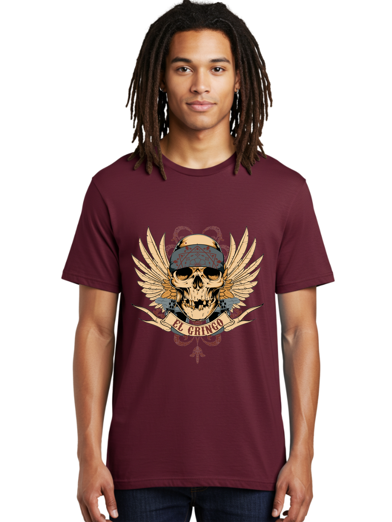 El Gringo Skull Men'S Graphic Tee, 100% Cotton, Comfortable Casual Summer Wear, Machine Washable, Tattoo Art, Skull Design, Wings And Snakes, Edgy Style, Grunge Aesthetic, Rebellious Symbol, Bold Graphics, El Gringo Branding Aae256 30