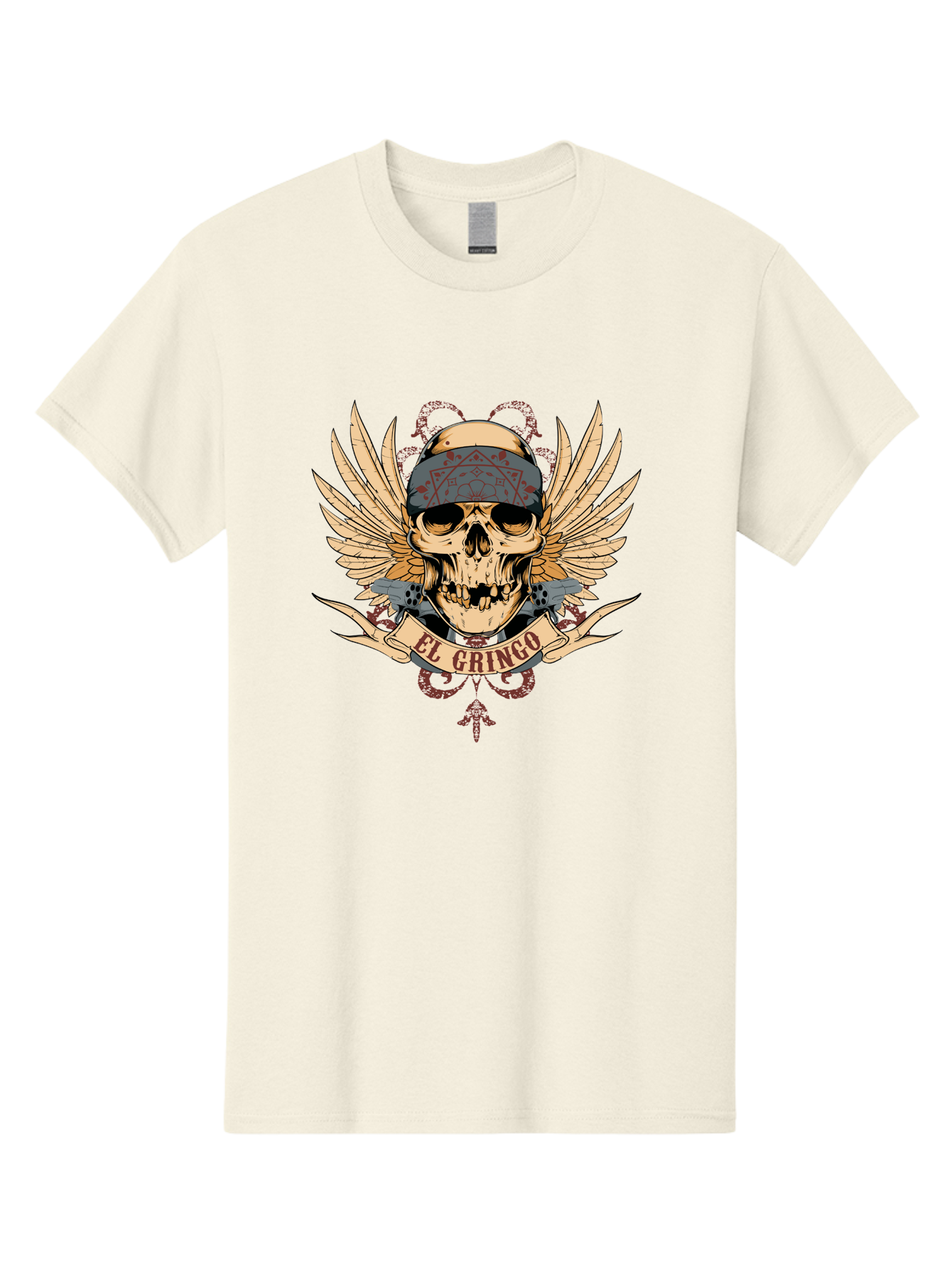 El Gringo Skull Men'S Graphic Tee, 100% Cotton, Comfortable Casual Summer Wear, Machine Washable, Tattoo Art, Skull Design, Wings And Snakes, Edgy Style, Grunge Aesthetic, Rebellious Symbol, Bold Graphics, El Gringo Branding Aae256 21