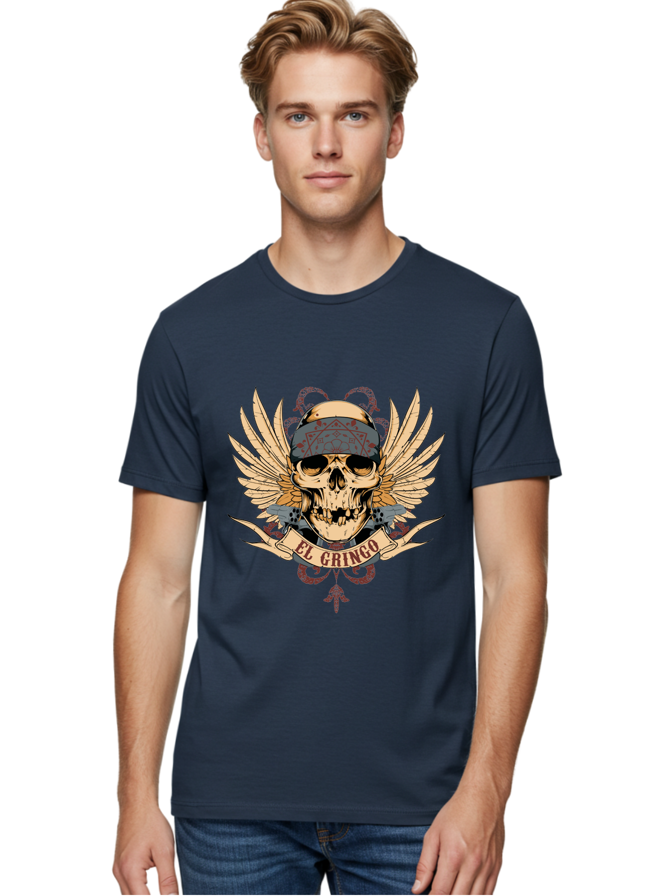 El Gringo Skull Men'S Graphic Tee, 100% Cotton, Comfortable Casual Summer Wear, Machine Washable, Tattoo Art, Skull Design, Wings And Snakes, Edgy Style, Grunge Aesthetic, Rebellious Symbol, Bold Graphics, El Gringo Branding Aae256 12