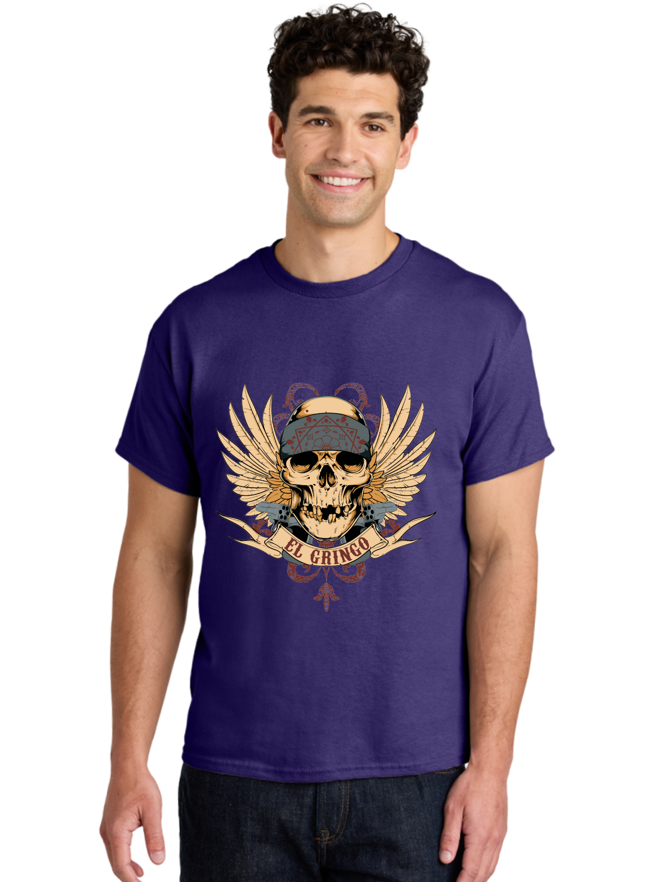 El Gringo Skull Men'S Graphic Tee, 100% Cotton, Comfortable Casual Summer Wear, Machine Washable, Tattoo Art, Skull Design, Wings And Snakes, Edgy Style, Grunge Aesthetic, Rebellious Symbol, Bold Graphics, El Gringo Branding Aae256 10