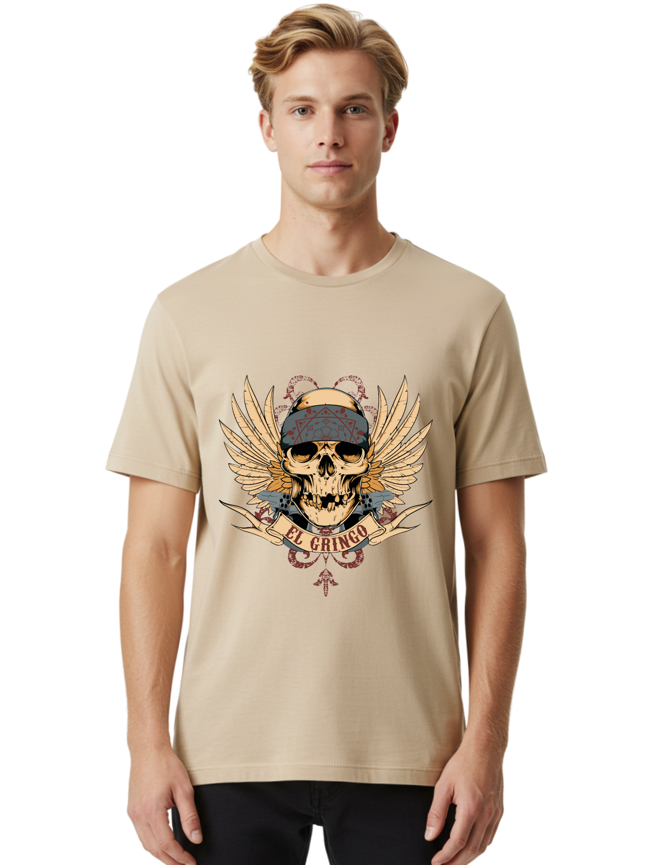 El Gringo Skull Men'S Graphic Tee, 100% Cotton, Comfortable Casual Summer Wear, Machine Washable, Tattoo Art, Skull Design, Wings And Snakes, Edgy Style, Grunge Aesthetic, Rebellious Symbol, Bold Graphics, El Gringo Branding Aae256 4
