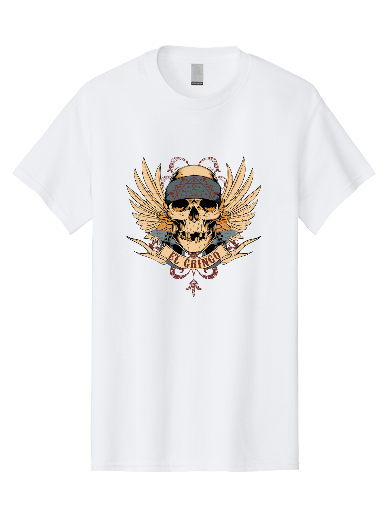 El Gringo Skull Men'S Graphic Tee, 100% Cotton, Comfortable Casual Summer Wear, Machine Washable, Tattoo Art, Skull Design, Wings And Snakes, Edgy Style, Grunge Aesthetic, Rebellious Symbol, Bold Graphics, El Gringo Branding Aae256 13