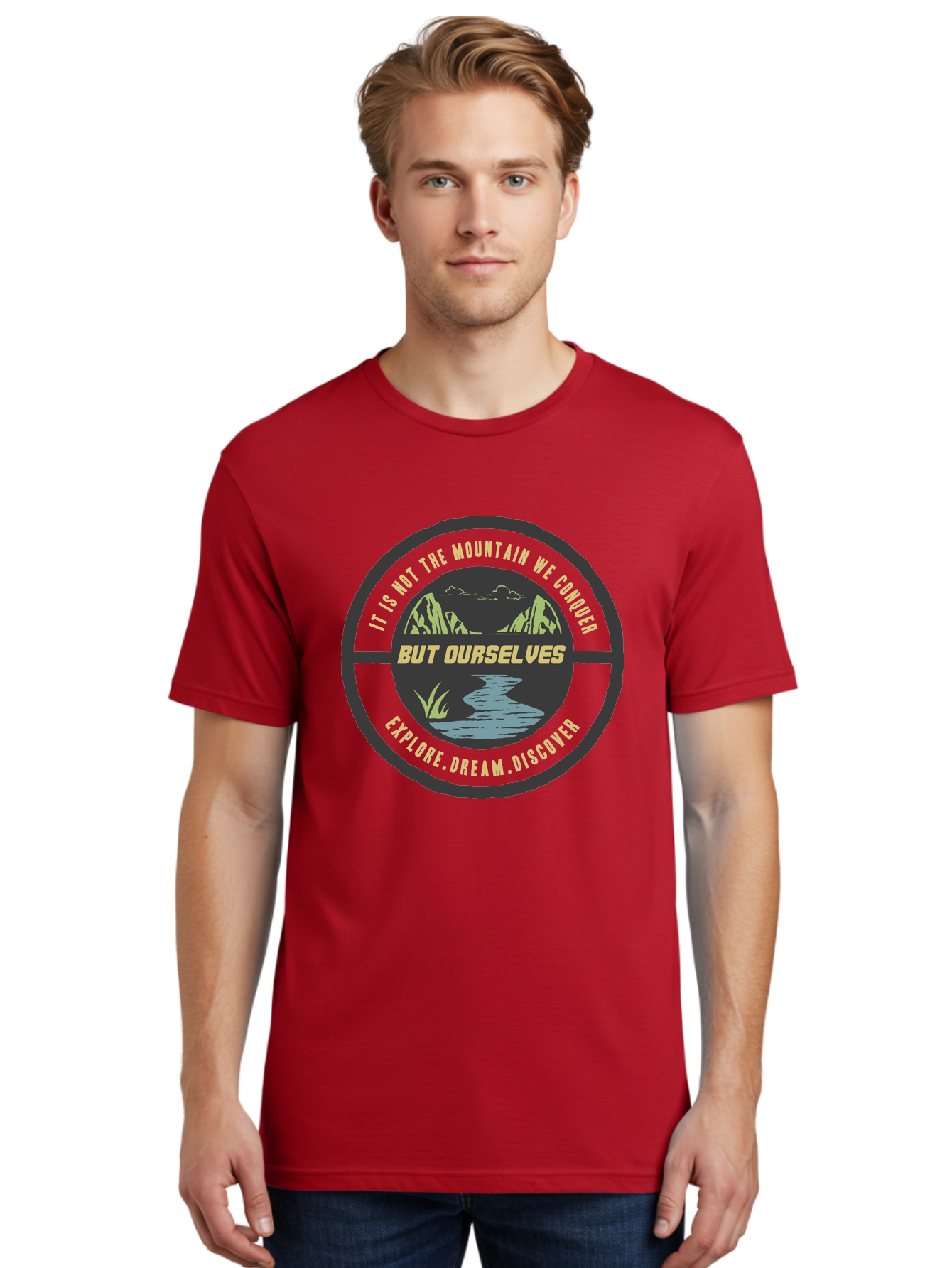 Explore Dream Discover Men'S Graphic Tee, 100% Cotton, Comfortable Casual Summer Wear, Machine Washable, Mountain Landscape, Self-Discovery, Inspirational Quotes, Explore Dream Discover, Personal Growth, Motivational Art, River Scenery, Aae266 18