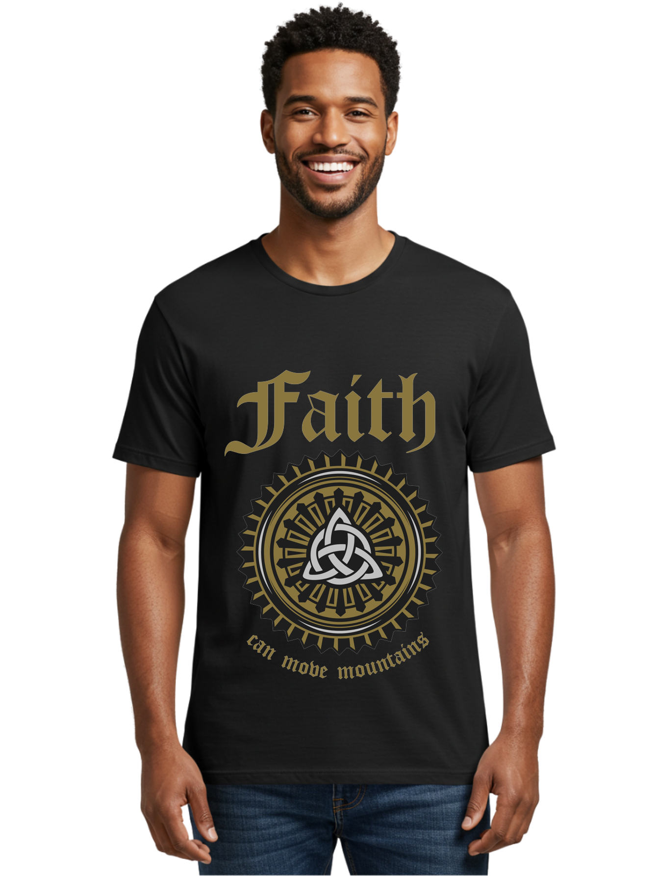 Faith Can Move Mountains Men'S Graphic Tee, 100% Cotton, Comfortable Casual Summer Wear, Machine Washable, Faith Symbol, Celtic Knot Design, Spiritual Emblem, Run Made Manifest, Ancient Celtic Art, Mystical Patterns, Sacred Geometry, Aae270 28