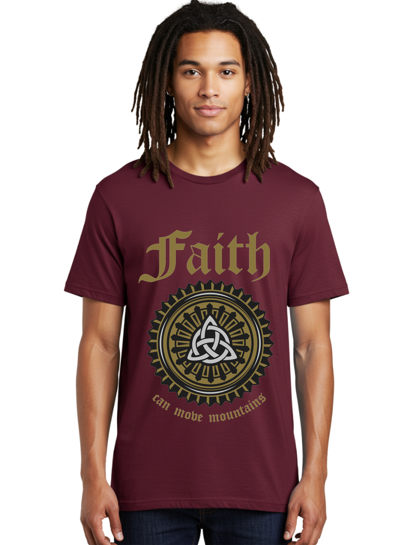 Faith Can Move Mountains Men'S Graphic Tee, 100% Cotton, Comfortable Casual Summer Wear, Machine Washable, Faith Symbol, Celtic Knot Design, Spiritual Emblem, Run Made Manifest, Ancient Celtic Art, Mystical Patterns, Sacred Geometry, Aae270 8
