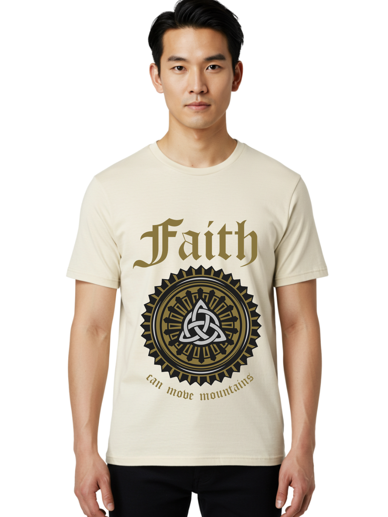 Faith Can Move Mountains Men'S Graphic Tee, 100% Cotton, Comfortable Casual Summer Wear, Machine Washable, Faith Symbol, Celtic Knot Design, Spiritual Emblem, Run Made Manifest, Ancient Celtic Art, Mystical Patterns, Sacred Geometry, Aae270 4