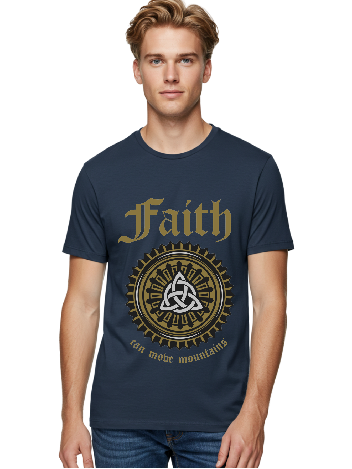 Faith Can Move Mountains Men'S Graphic Tee, 100% Cotton, Comfortable Casual Summer Wear, Machine Washable, Faith Symbol, Celtic Knot Design, Spiritual Emblem, Run Made Manifest, Ancient Celtic Art, Mystical Patterns, Sacred Geometry, Aae270 12