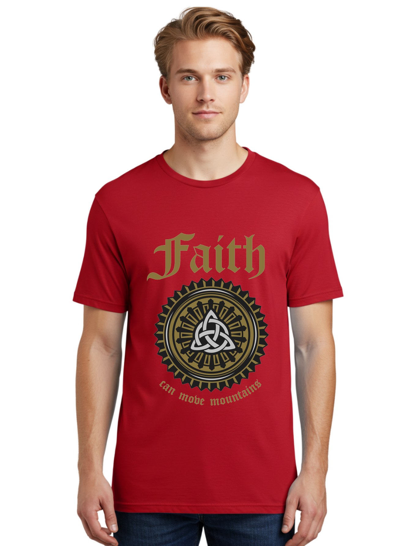 Faith Can Move Mountains Men'S Graphic Tee, 100% Cotton, Comfortable Casual Summer Wear, Machine Washable, Faith Symbol, Celtic Knot Design, Spiritual Emblem, Run Made Manifest, Ancient Celtic Art, Mystical Patterns, Sacred Geometry, Aae270 30