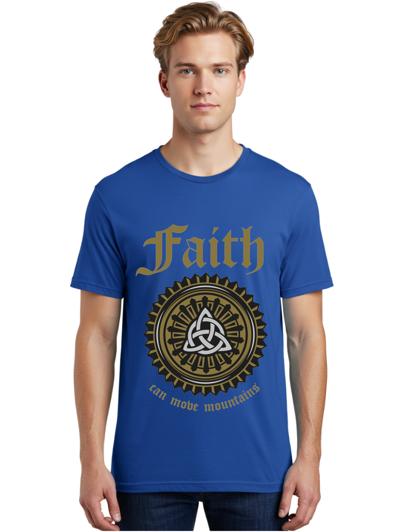 Faith Can Move Mountains Men'S Graphic Tee, 100% Cotton, Comfortable Casual Summer Wear, Machine Washable, Faith Symbol, Celtic Knot Design, Spiritual Emblem, Run Made Manifest, Ancient Celtic Art, Mystical Patterns, Sacred Geometry, Aae270 14