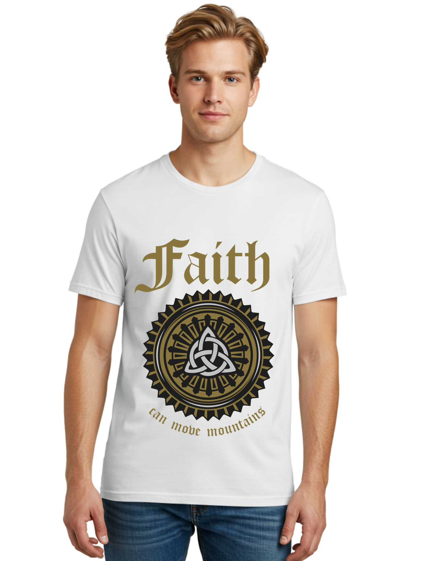 Faith Can Move Mountains Men'S Graphic Tee, 100% Cotton, Comfortable Casual Summer Wear, Machine Washable, Faith Symbol, Celtic Knot Design, Spiritual Emblem, Run Made Manifest, Ancient Celtic Art, Mystical Patterns, Sacred Geometry, Aae270 20