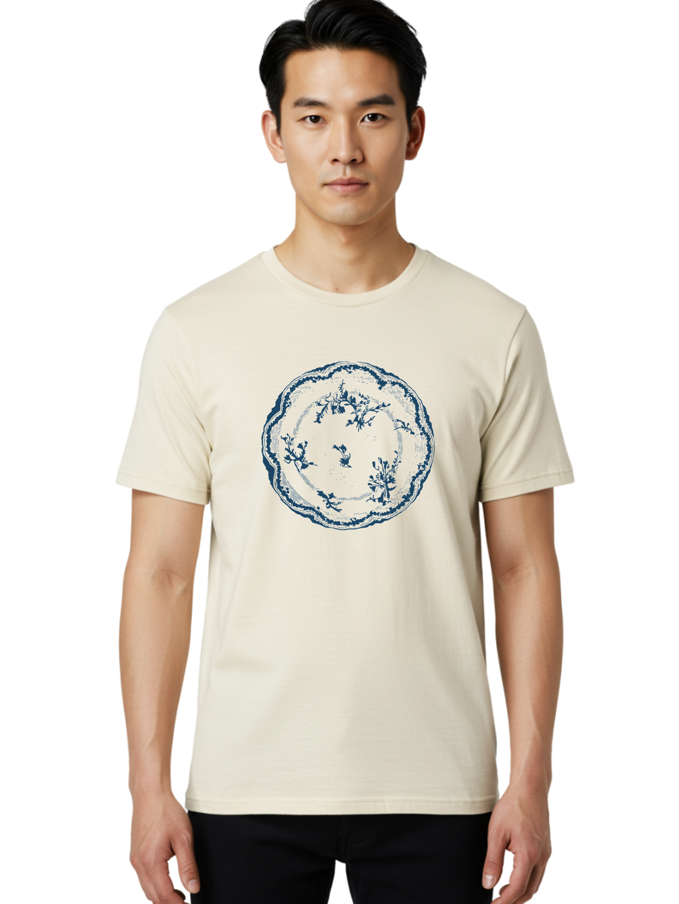 Floral Vintage Plate Men'S Graphic Tee, 100% Cotton, Comfortable Casual Summer Wear, Machine Washable, Floral Plate, Blue Floral Pattern, Decorative Plate, Vintage Design, Fine China, Dinnerware, Blue And Green Hues, Elegant Table Setting, Aae284 24