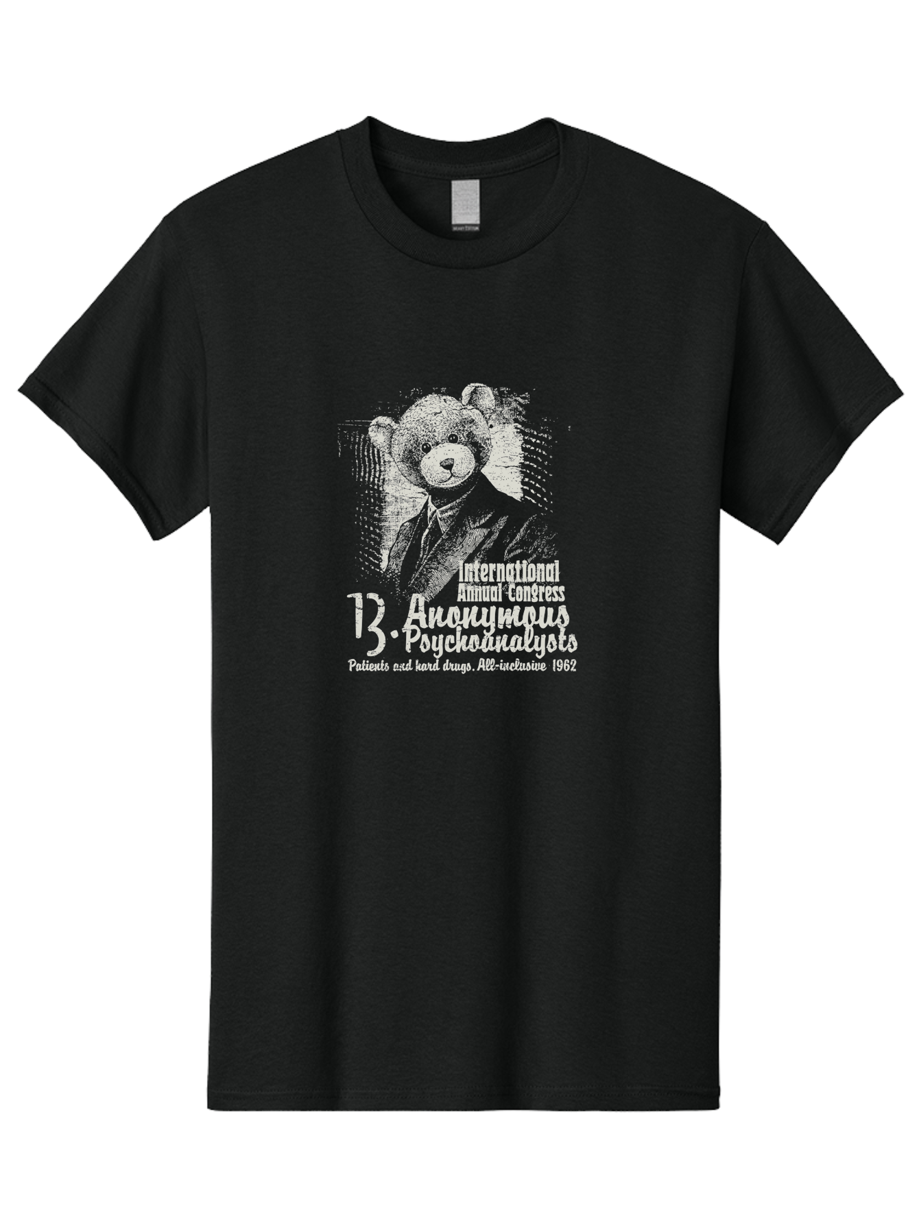 International Annual Congress Teddy Bear Men'S Graphic Tee, 100% Cotton, Comfortable Casual Summer Wear, Machine Washable, Teddy Bear In A Suit, Humorous Illustration, 1962 Conference, Psychoanalysis Theme, Vintage Design, Aae404 19
