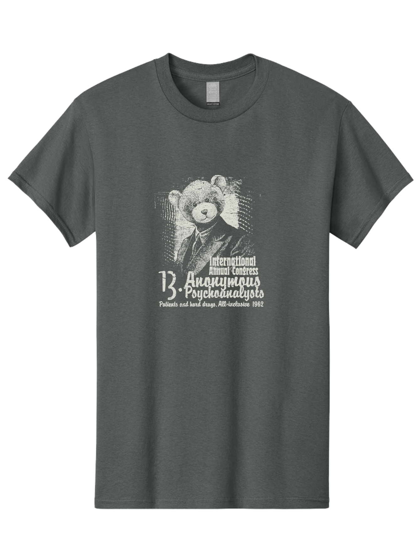 International Annual Congress Teddy Bear Men'S Graphic Tee, 100% Cotton, Comfortable Casual Summer Wear, Machine Washable, Teddy Bear In A Suit, Humorous Illustration, 1962 Conference, Psychoanalysis Theme, Vintage Design, Aae404 3