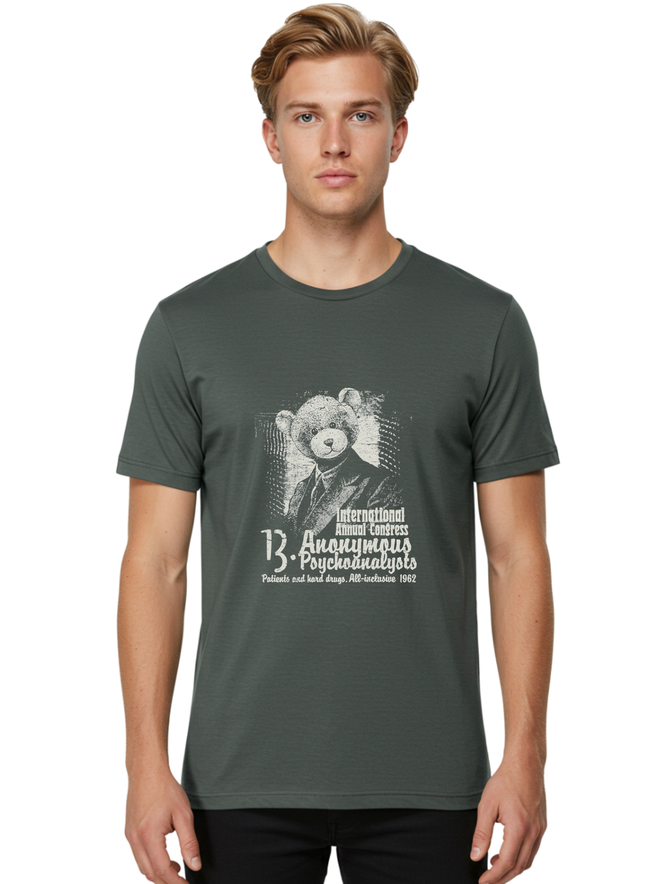 International Annual Congress Teddy Bear Men'S Graphic Tee, 100% Cotton, Comfortable Casual Summer Wear, Machine Washable, Teddy Bear In A Suit, Humorous Illustration, 1962 Conference, Psychoanalysis Theme, Vintage Design, Aae404 4