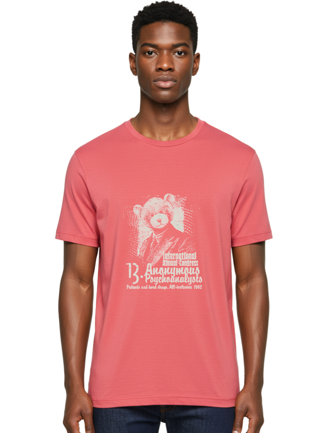 International Annual Congress Teddy Bear Men'S Graphic Tee, 100% Cotton, Comfortable Casual Summer Wear, Machine Washable, Teddy Bear In A Suit, Humorous Illustration, 1962 Conference, Psychoanalysis Theme, Vintage Design, Aae404 10