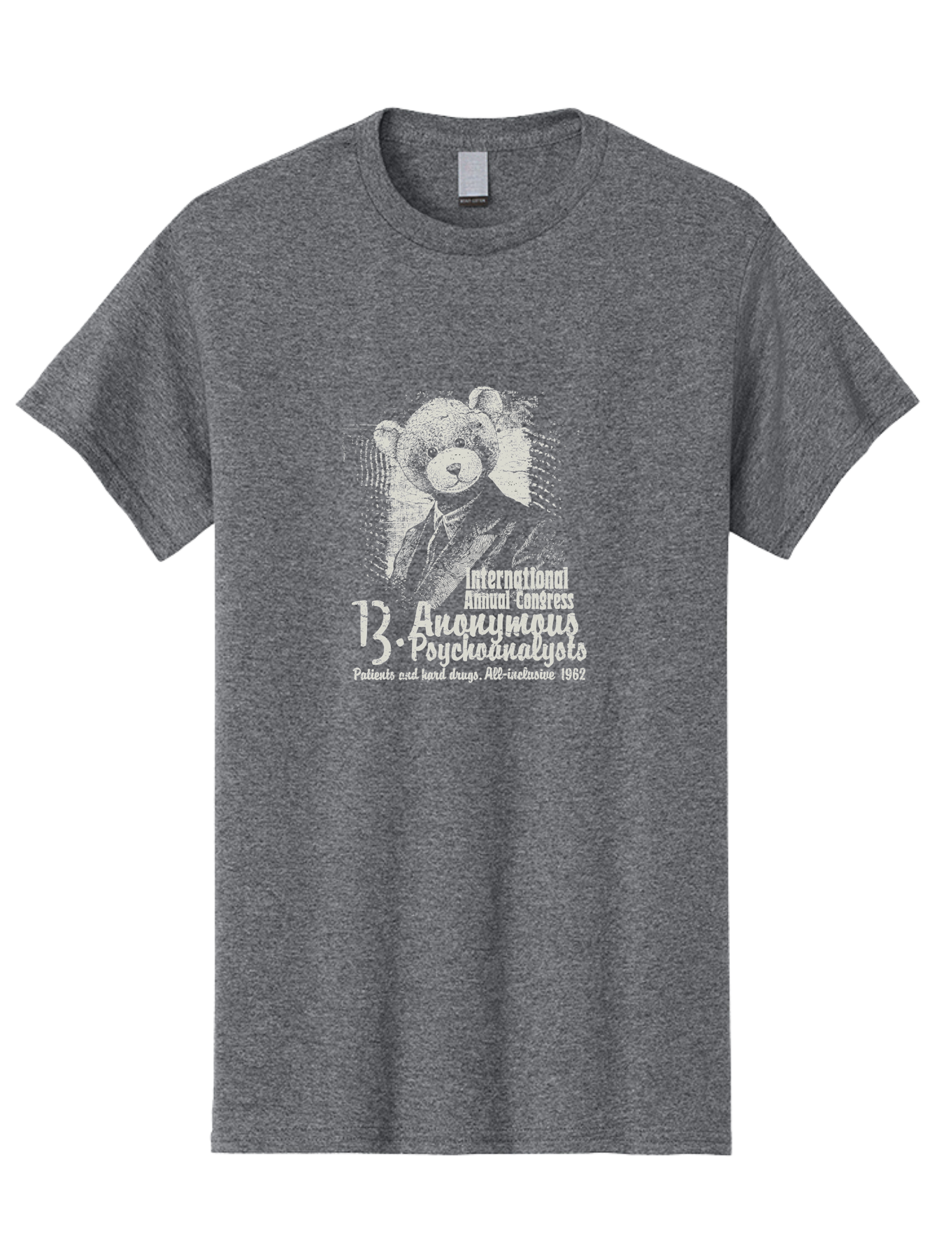 International Annual Congress Teddy Bear Men'S Graphic Tee, 100% Cotton, Comfortable Casual Summer Wear, Machine Washable, Teddy Bear In A Suit, Humorous Illustration, 1962 Conference, Psychoanalysis Theme, Vintage Design, Aae404 17