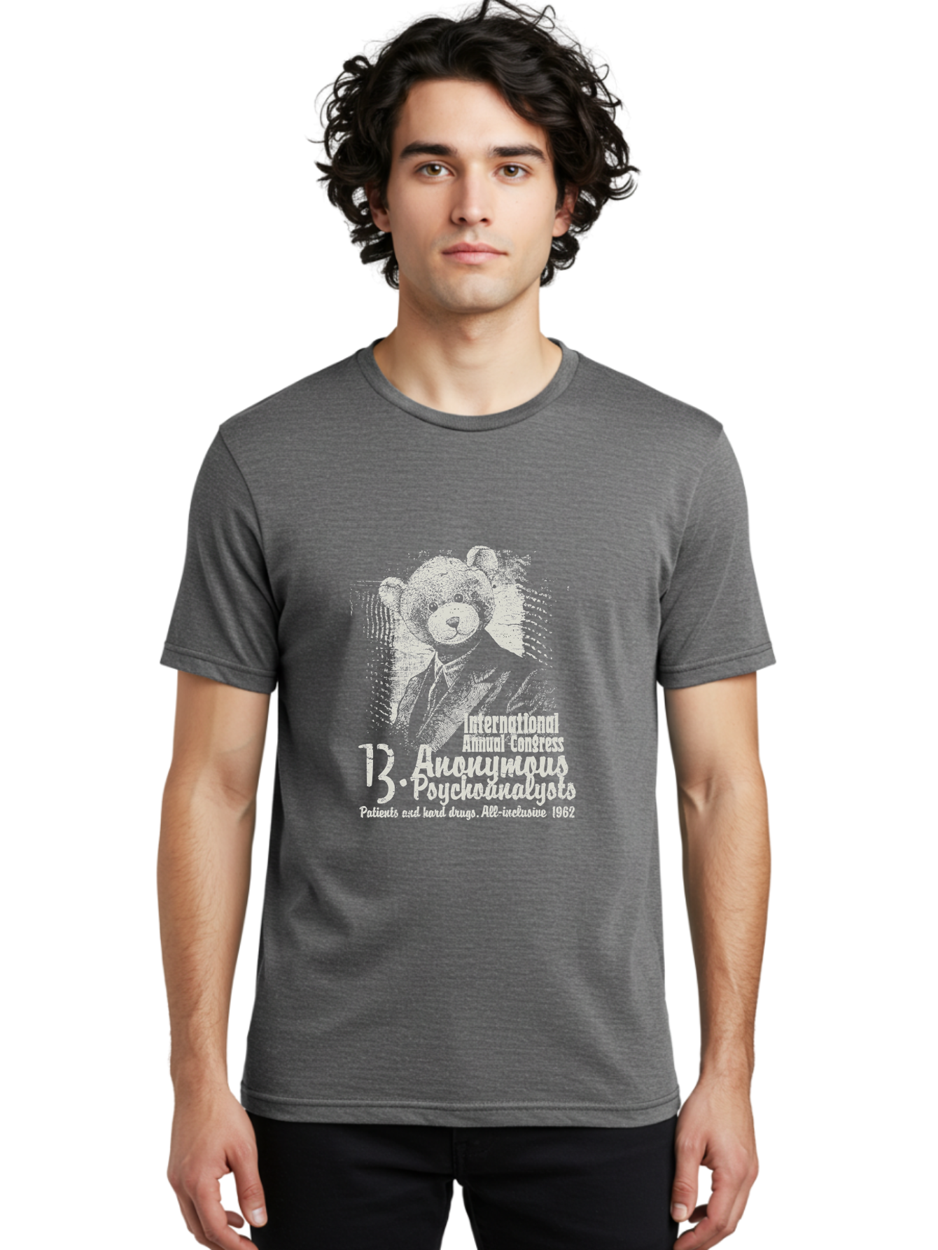 International Annual Congress Teddy Bear Men'S Graphic Tee, 100% Cotton, Comfortable Casual Summer Wear, Machine Washable, Teddy Bear In A Suit, Humorous Illustration, 1962 Conference, Psychoanalysis Theme, Vintage Design, Aae404 18