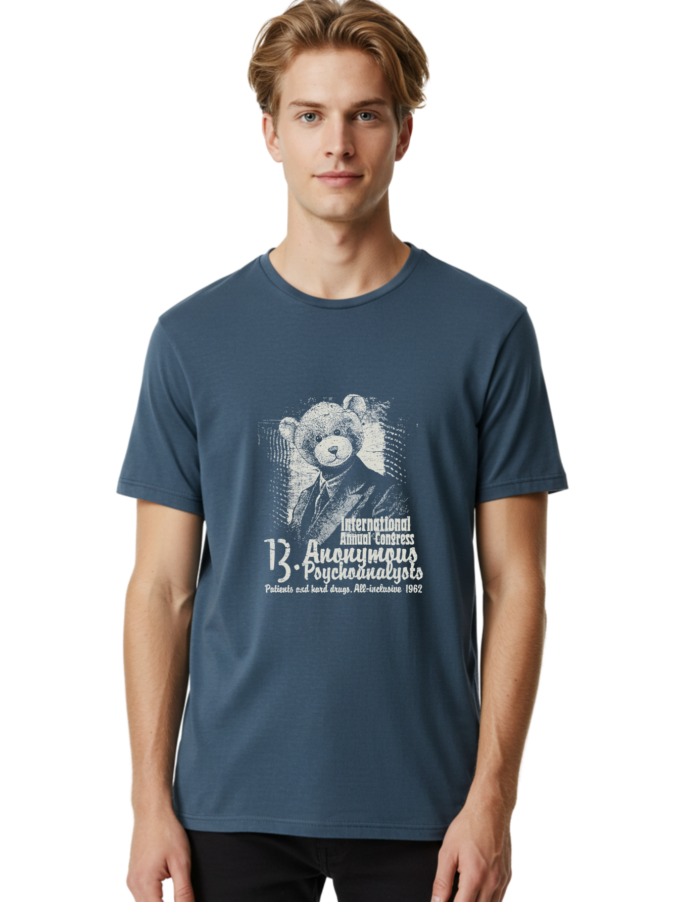 International Annual Congress Teddy Bear Men'S Graphic Tee, 100% Cotton, Comfortable Casual Summer Wear, Machine Washable, Teddy Bear In A Suit, Humorous Illustration, 1962 Conference, Psychoanalysis Theme, Vintage Design, Aae404 28