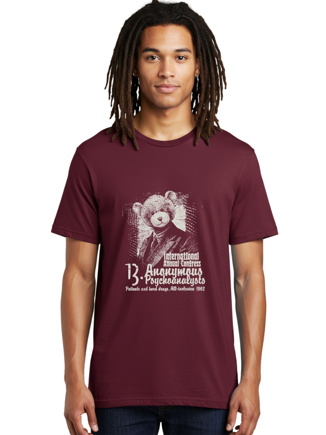 International Annual Congress Teddy Bear Men'S Graphic Tee, 100% Cotton, Comfortable Casual Summer Wear, Machine Washable, Teddy Bear In A Suit, Humorous Illustration, 1962 Conference, Psychoanalysis Theme, Vintage Design, Aae404 30