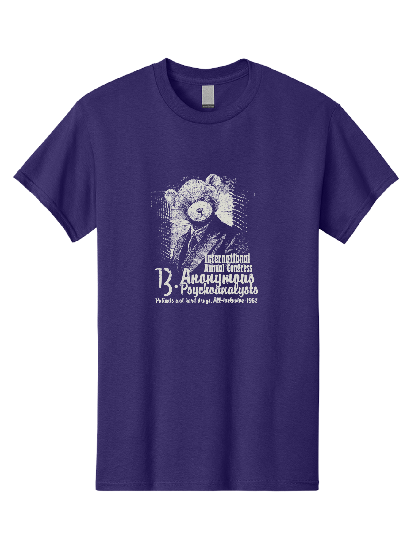International Annual Congress Teddy Bear Men'S Graphic Tee, 100% Cotton, Comfortable Casual Summer Wear, Machine Washable, Teddy Bear In A Suit, Humorous Illustration, 1962 Conference, Psychoanalysis Theme, Vintage Design, Aae404 11