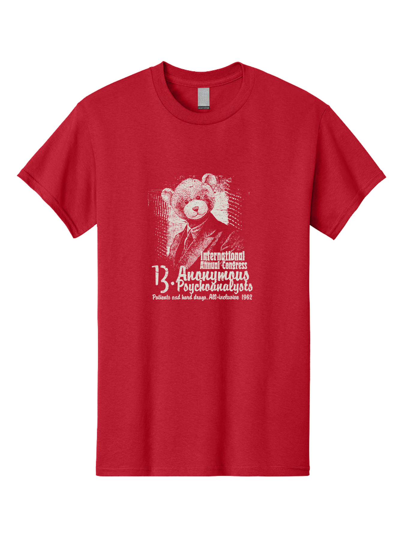 International Annual Congress Teddy Bear Men'S Graphic Tee, 100% Cotton, Comfortable Casual Summer Wear, Machine Washable, Teddy Bear In A Suit, Humorous Illustration, 1962 Conference, Psychoanalysis Theme, Vintage Design, Aae404 13
