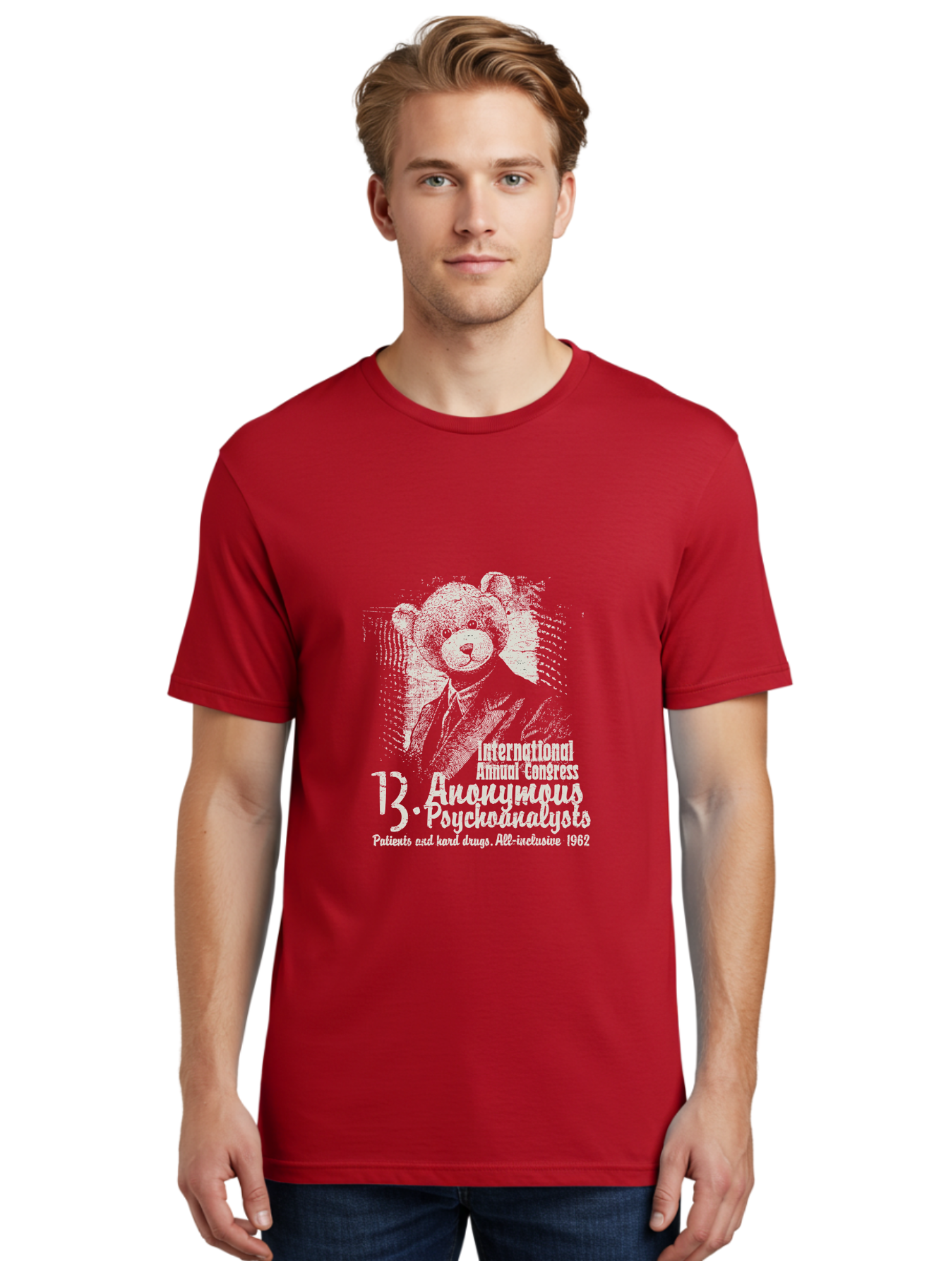 International Annual Congress Teddy Bear Men'S Graphic Tee, 100% Cotton, Comfortable Casual Summer Wear, Machine Washable, Teddy Bear In A Suit, Humorous Illustration, 1962 Conference, Psychoanalysis Theme, Vintage Design, Aae404 14