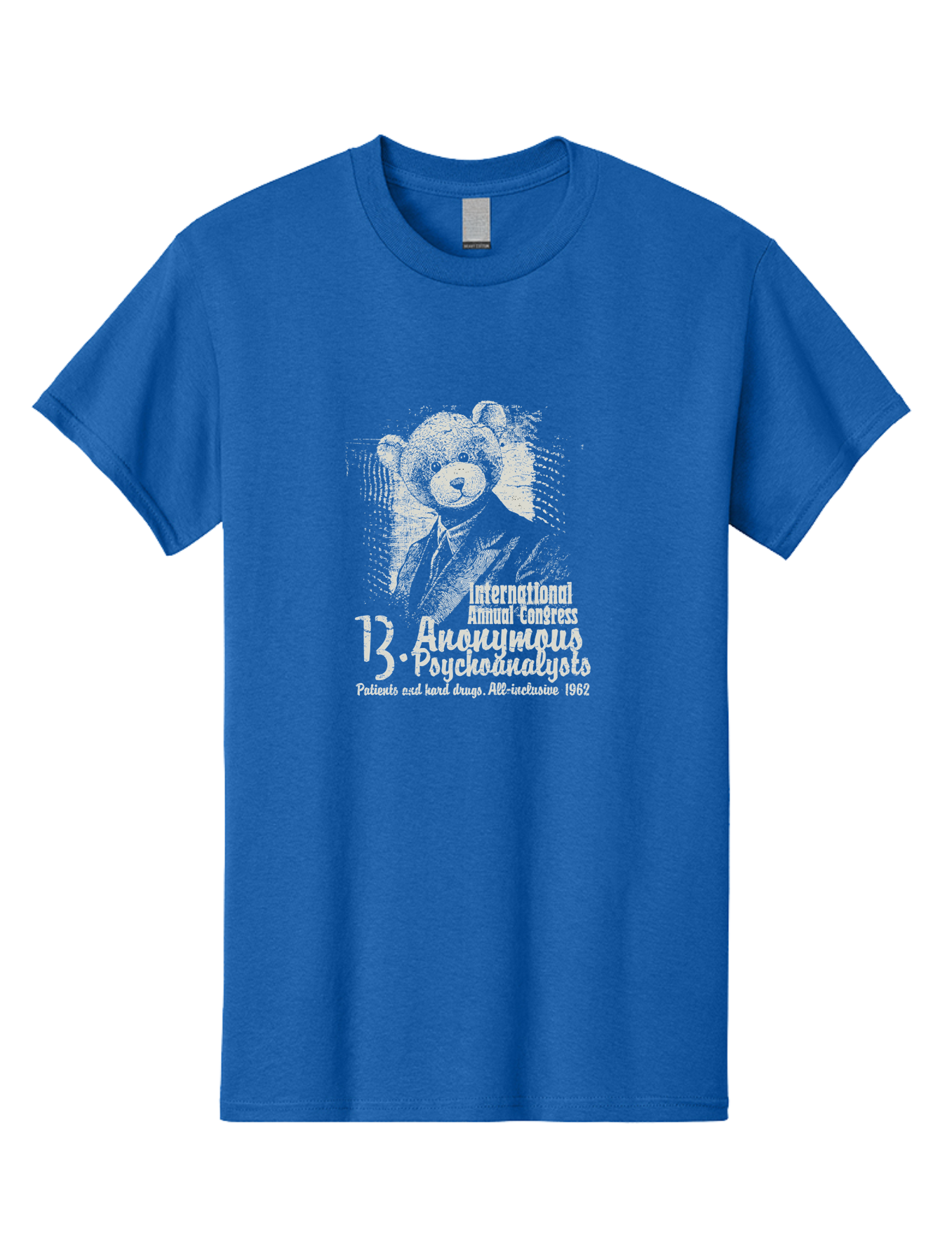 International Annual Congress Teddy Bear Men'S Graphic Tee, 100% Cotton, Comfortable Casual Summer Wear, Machine Washable, Teddy Bear In A Suit, Humorous Illustration, 1962 Conference, Psychoanalysis Theme, Vintage Design, Aae404 15