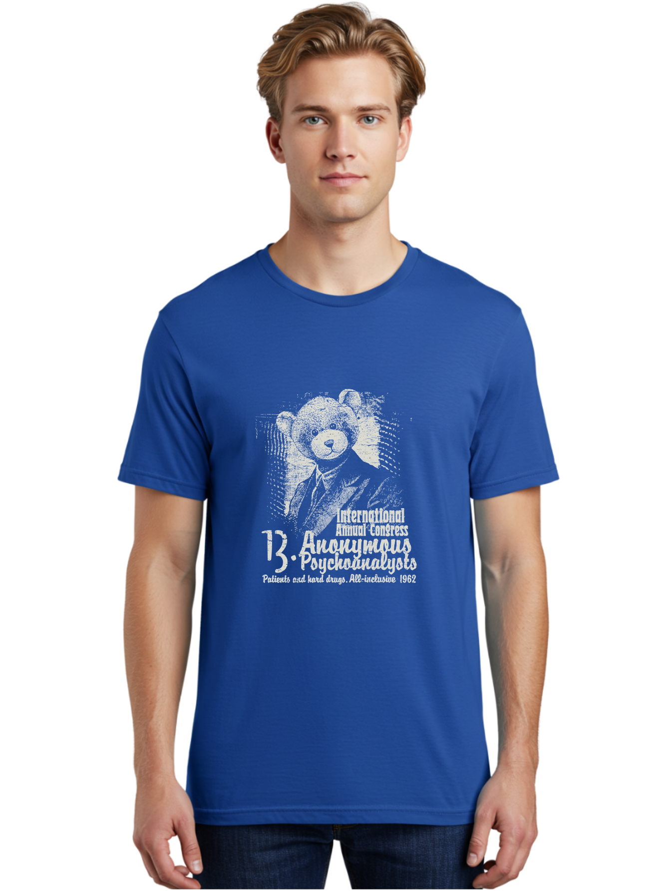 International Annual Congress Teddy Bear Men'S Graphic Tee, 100% Cotton, Comfortable Casual Summer Wear, Machine Washable, Teddy Bear In A Suit, Humorous Illustration, 1962 Conference, Psychoanalysis Theme, Vintage Design, Aae404 16