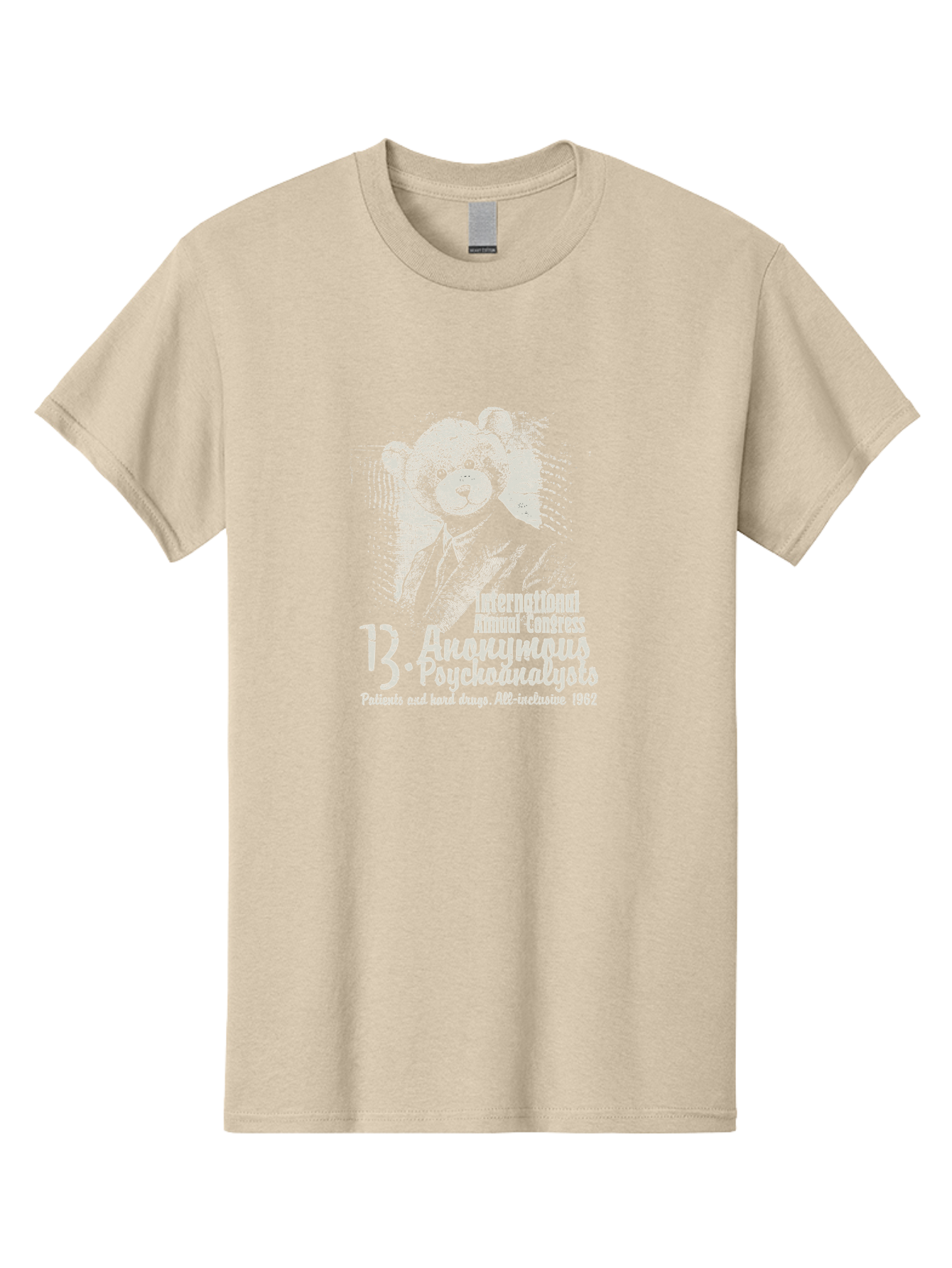 International Annual Congress Teddy Bear Men'S Graphic Tee, 100% Cotton, Comfortable Casual Summer Wear, Machine Washable, Teddy Bear In A Suit, Humorous Illustration, 1962 Conference, Psychoanalysis Theme, Vintage Design, Aae404 23
