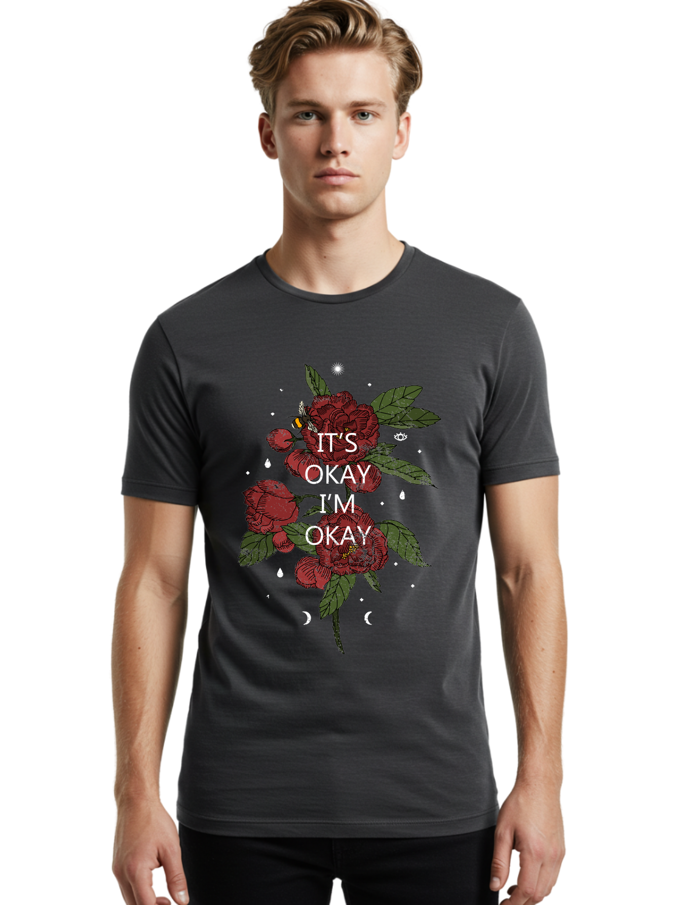 Its Okay Men'S Graphic Tee, 100% Cotton, Comfortable Casual Summer Wear, Machine Washable, Red Roses, Green Leaves, Affirmation Quote, Motivational Phrase, Mental Health Awareness, Self Care, Wellness, Floral Design, Inspirational Art Aae411 4