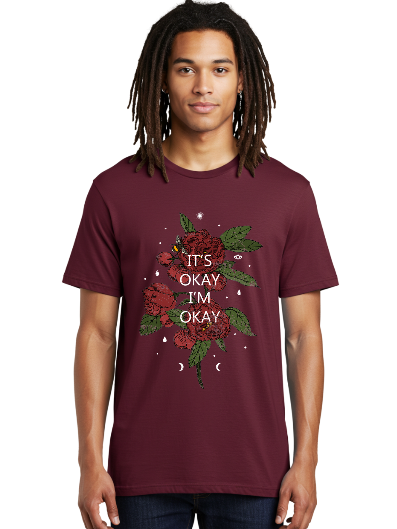 Its Okay Men'S Graphic Tee, 100% Cotton, Comfortable Casual Summer Wear, Machine Washable, Red Roses, Green Leaves, Affirmation Quote, Motivational Phrase, Mental Health Awareness, Self Care, Wellness, Floral Design, Inspirational Art Aae411 2
