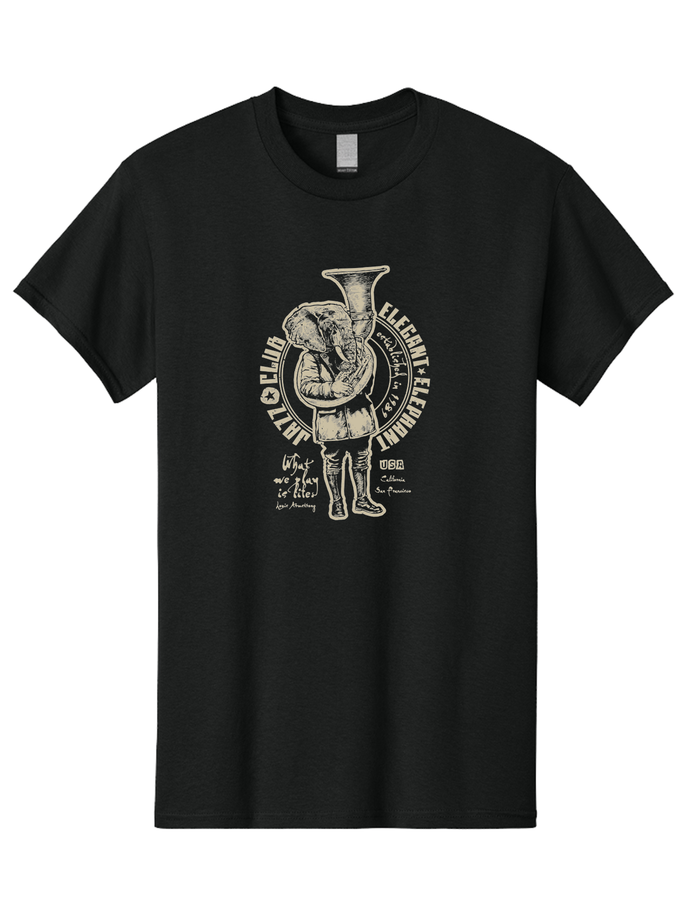 Jazz Club Elegant Elephant Men'S Graphic Tee, 100% Cotton, Comfortable Casual Summer Wear, Machine Washable, Elephant Playing Trumpet, Vintage Illustration, Unique Design, Elegant Typography, Quirky Art, Circus Theme, Playful Graphics, Aae423 17