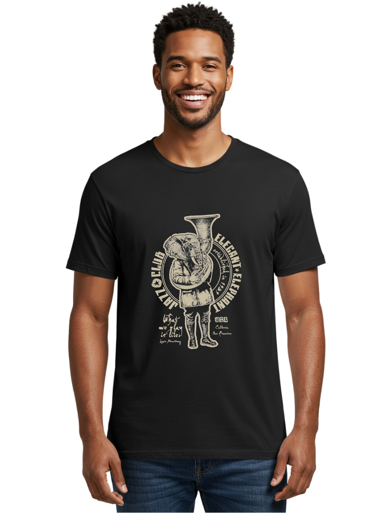 Jazz Club Elegant Elephant Men'S Graphic Tee, 100% Cotton, Comfortable Casual Summer Wear, Machine Washable, Elephant Playing Trumpet, Vintage Illustration, Unique Design, Elegant Typography, Quirky Art, Circus Theme, Playful Graphics, Aae423 18