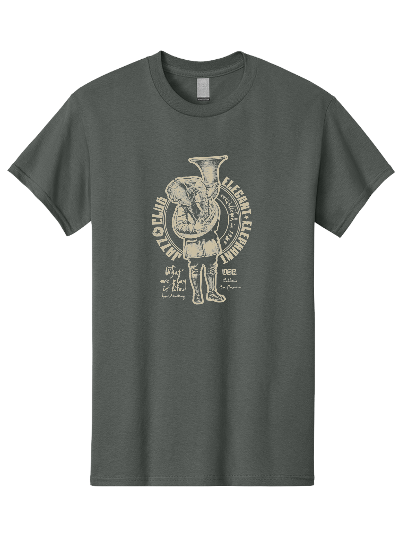 Jazz Club Elegant Elephant Men'S Graphic Tee, 100% Cotton, Comfortable Casual Summer Wear, Machine Washable, Elephant Playing Trumpet, Vintage Illustration, Unique Design, Elegant Typography, Quirky Art, Circus Theme, Playful Graphics, Aae423 11