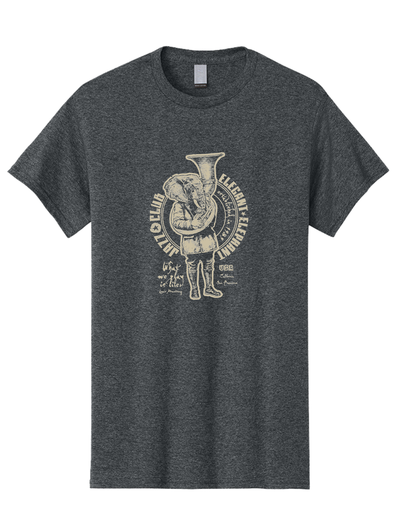 Jazz Club Elegant Elephant Men'S Graphic Tee, 100% Cotton, Comfortable Casual Summer Wear, Machine Washable, Elephant Playing Trumpet, Vintage Illustration, Unique Design, Elegant Typography, Quirky Art, Circus Theme, Playful Graphics, Aae423 29